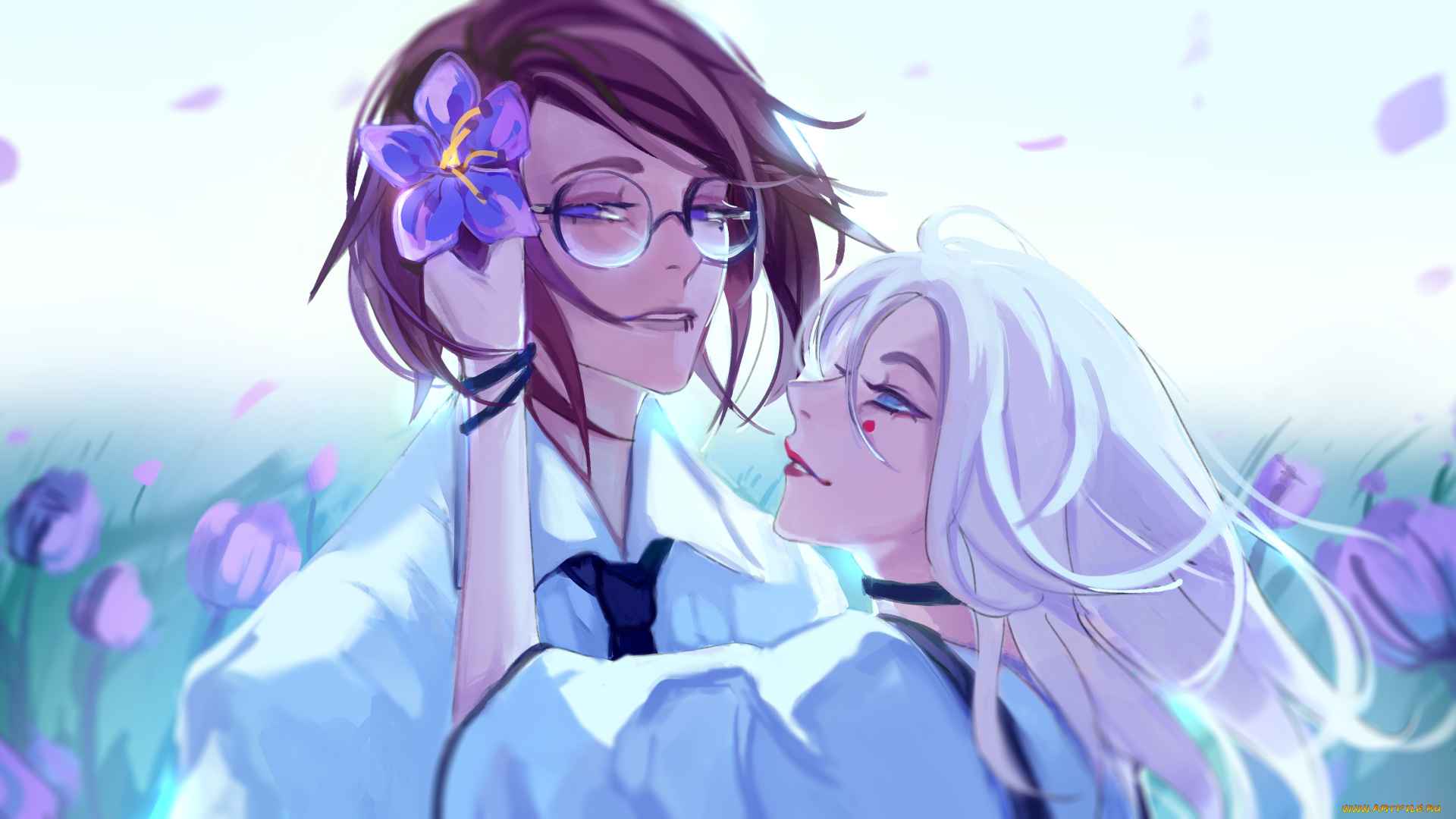 аниме, unknown, , другое, парень, девушка, by, m0queur, цветы