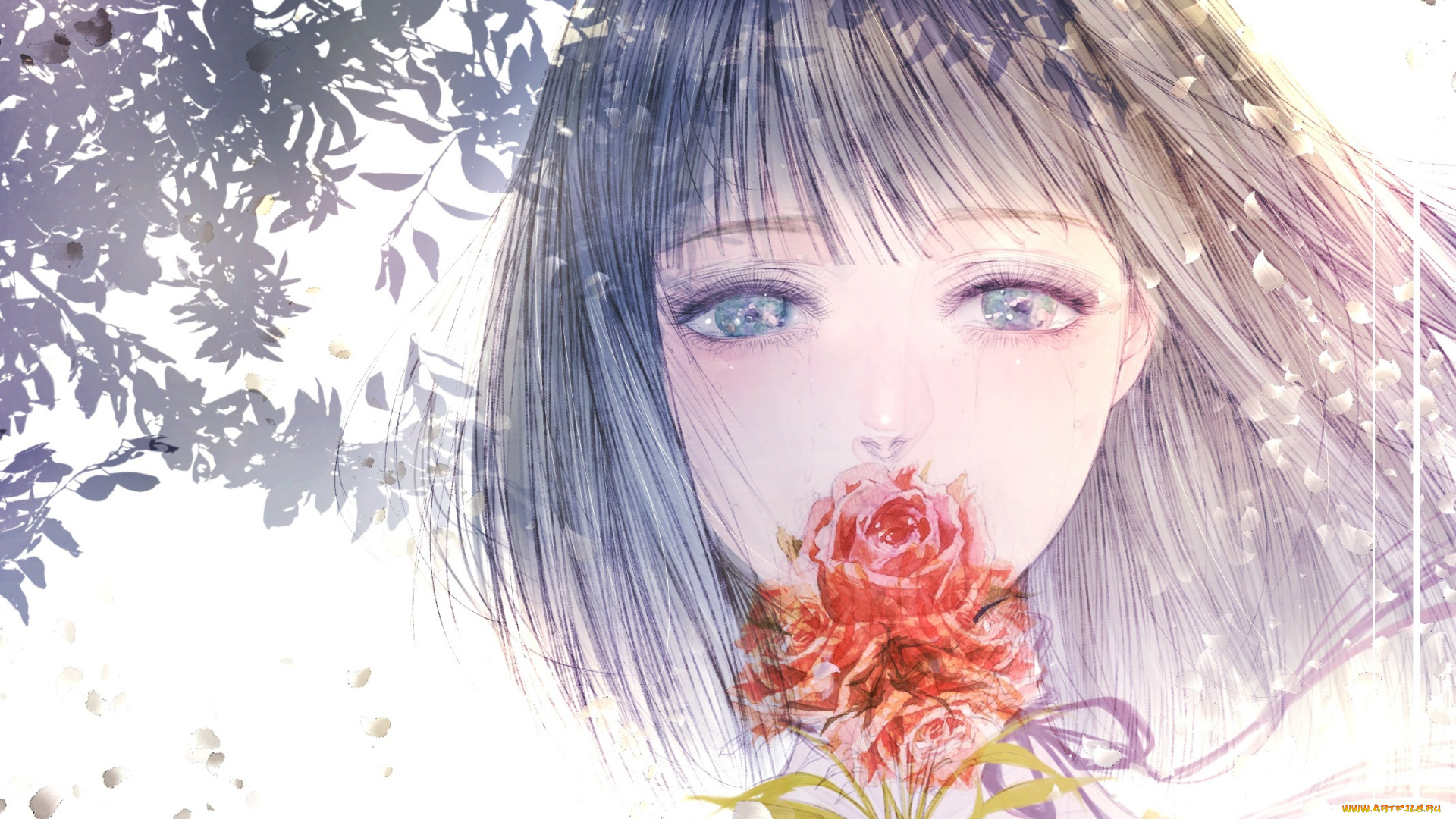 аниме, unknown, , другое, роза, арт, девушка, плачет, by, kuroe