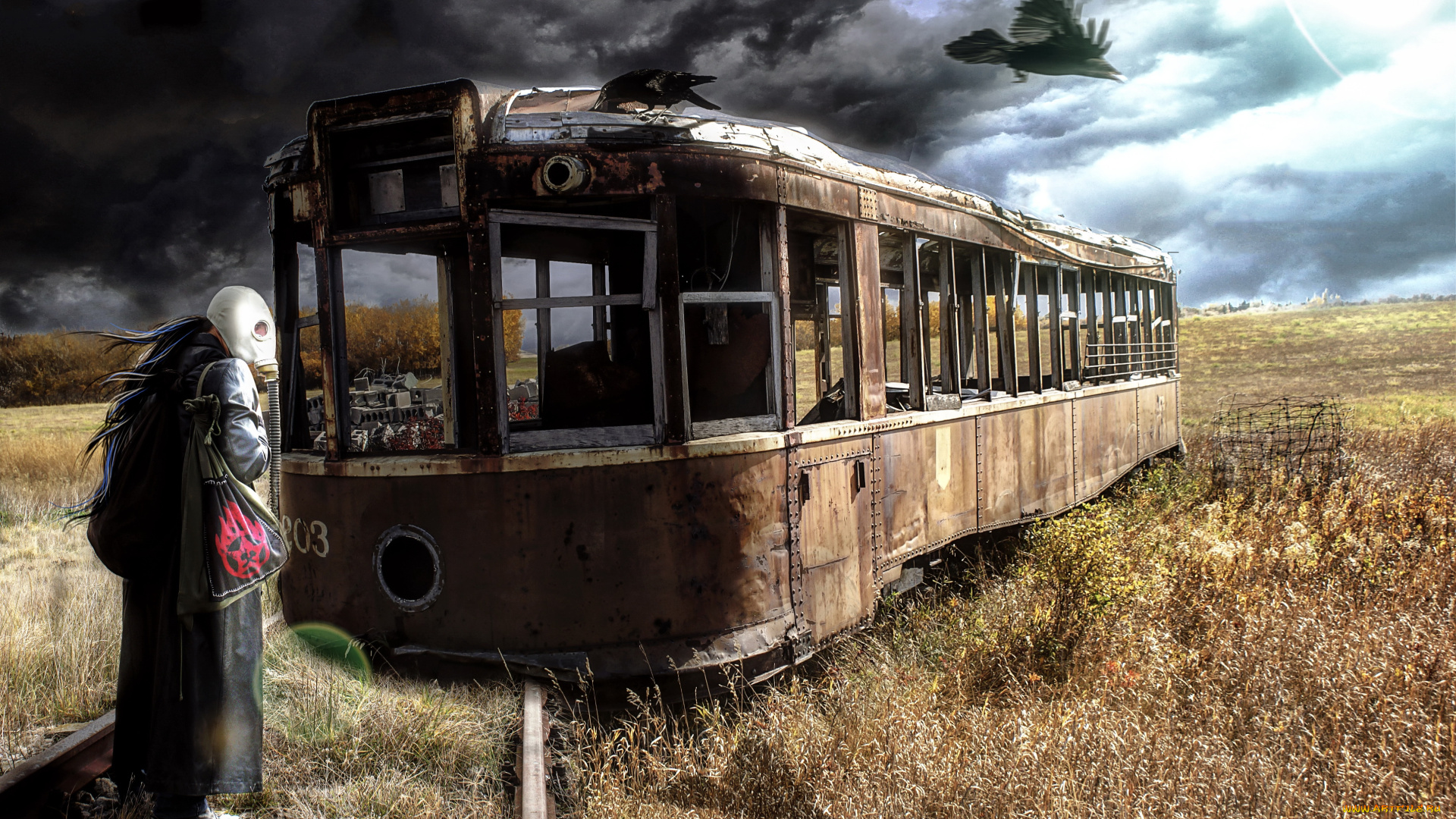 фэнтези, фотоарт, человек, апокалипсис, противогаз, ворон, трамвай