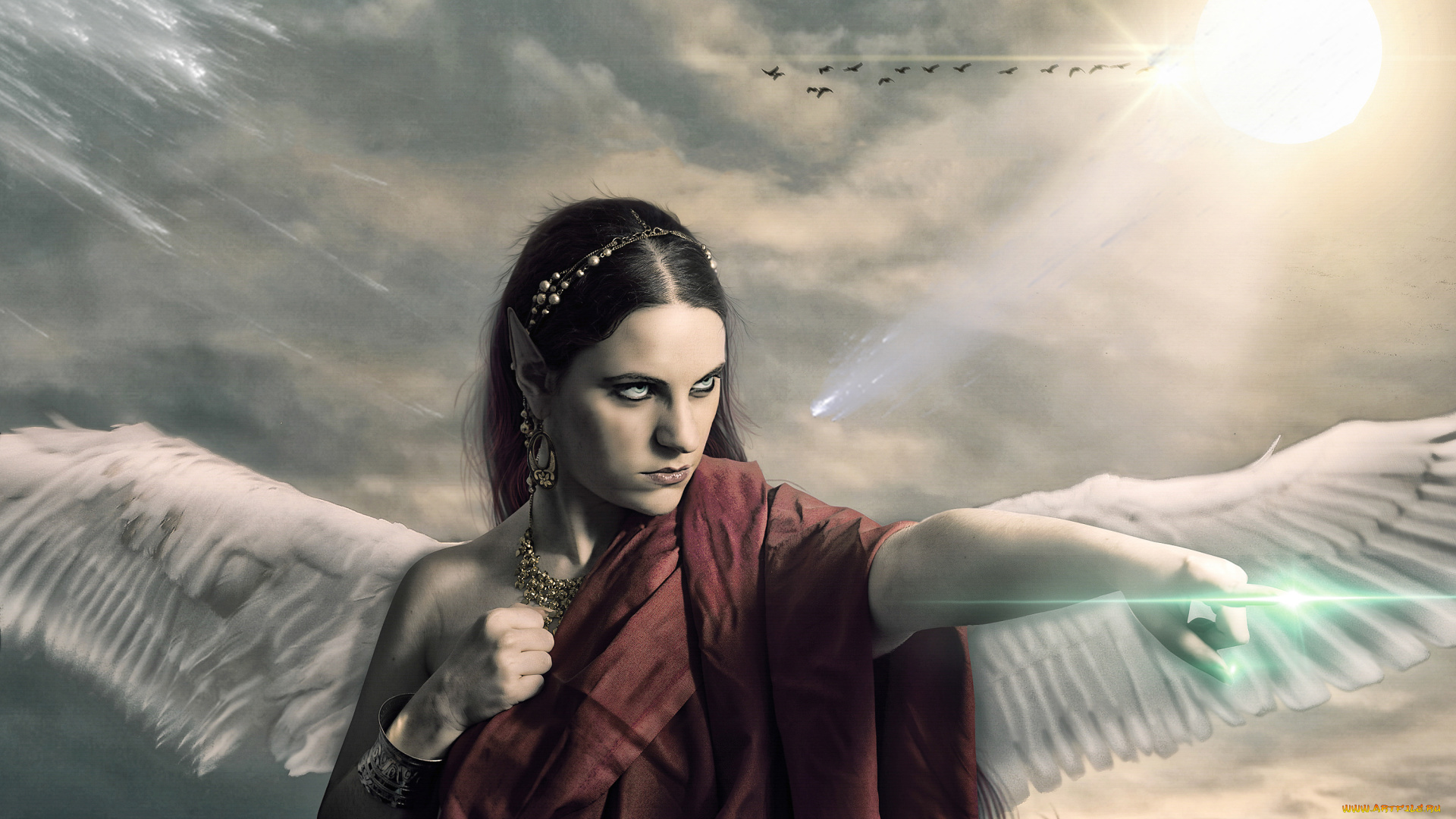 фэнтези, фотоарт, девушка, фон, взгляд, крылья, эльф