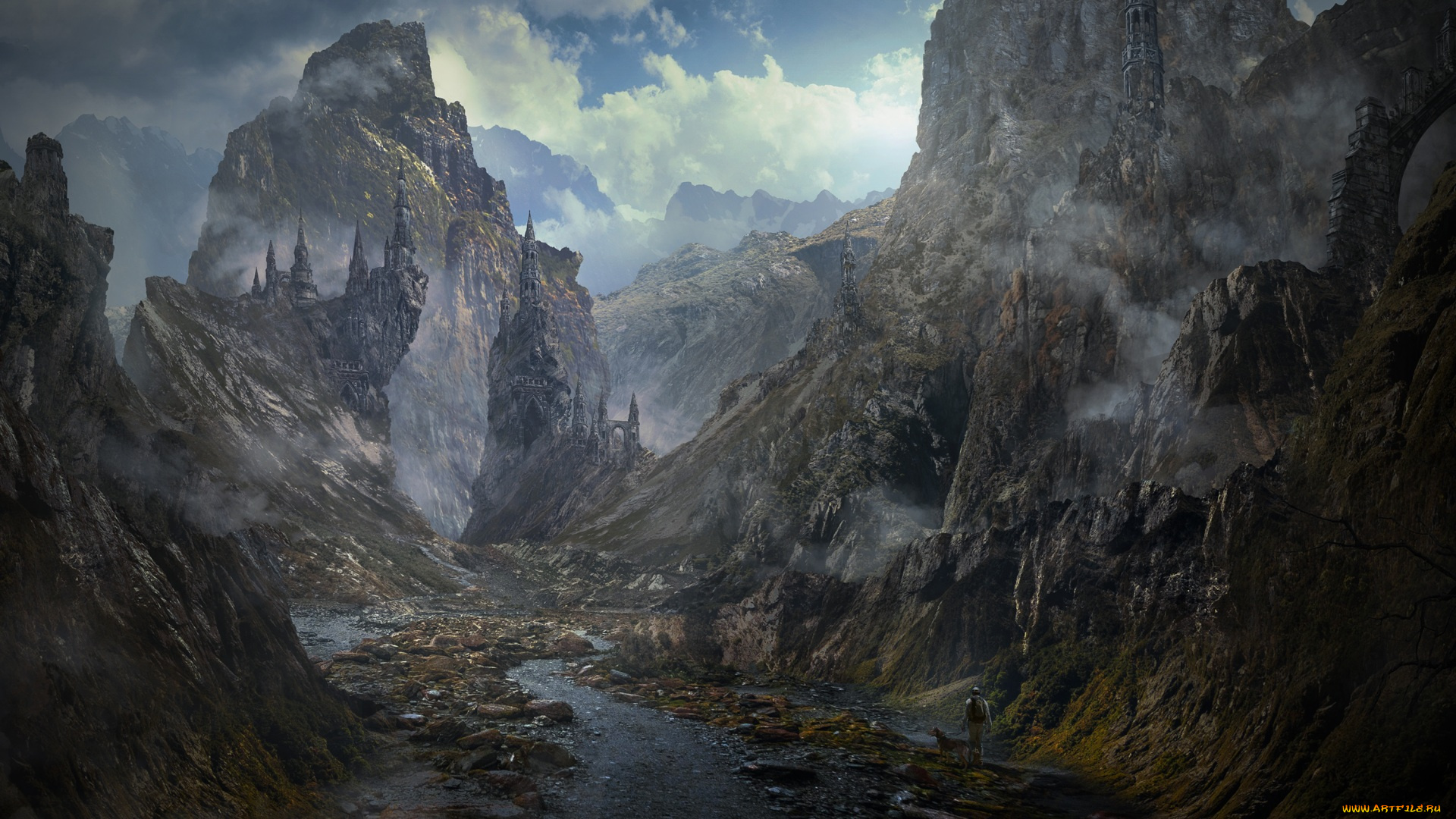 фэнтези, замки, скалы, облака, дворец