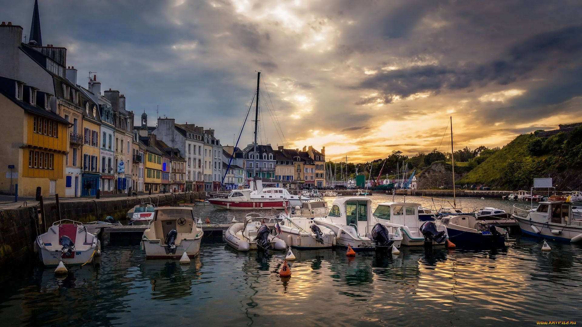 франция, корабли, катера, здания, причал, облака