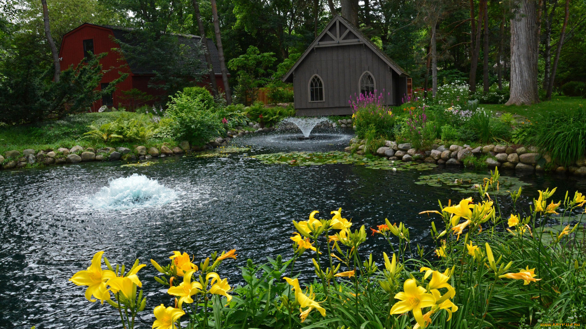 природа, парк, лилии, фонтан, водоем