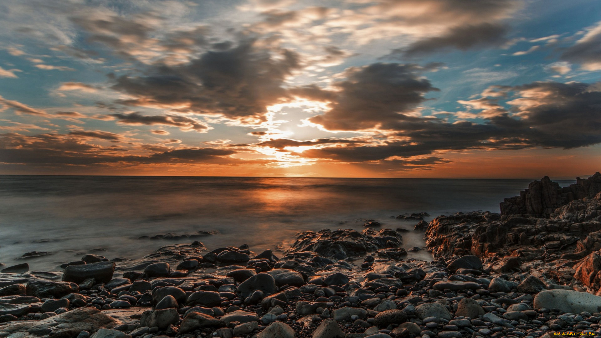 природа, побережье, камни, море, облака