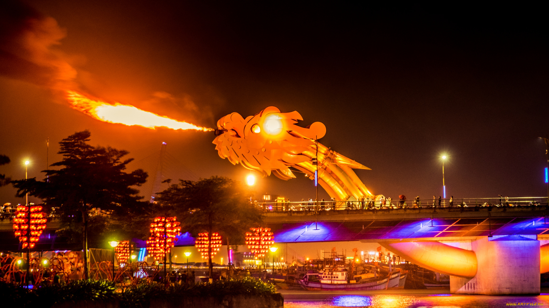 разное, иллюминация, огни, мост, дерево, дракон, пламя