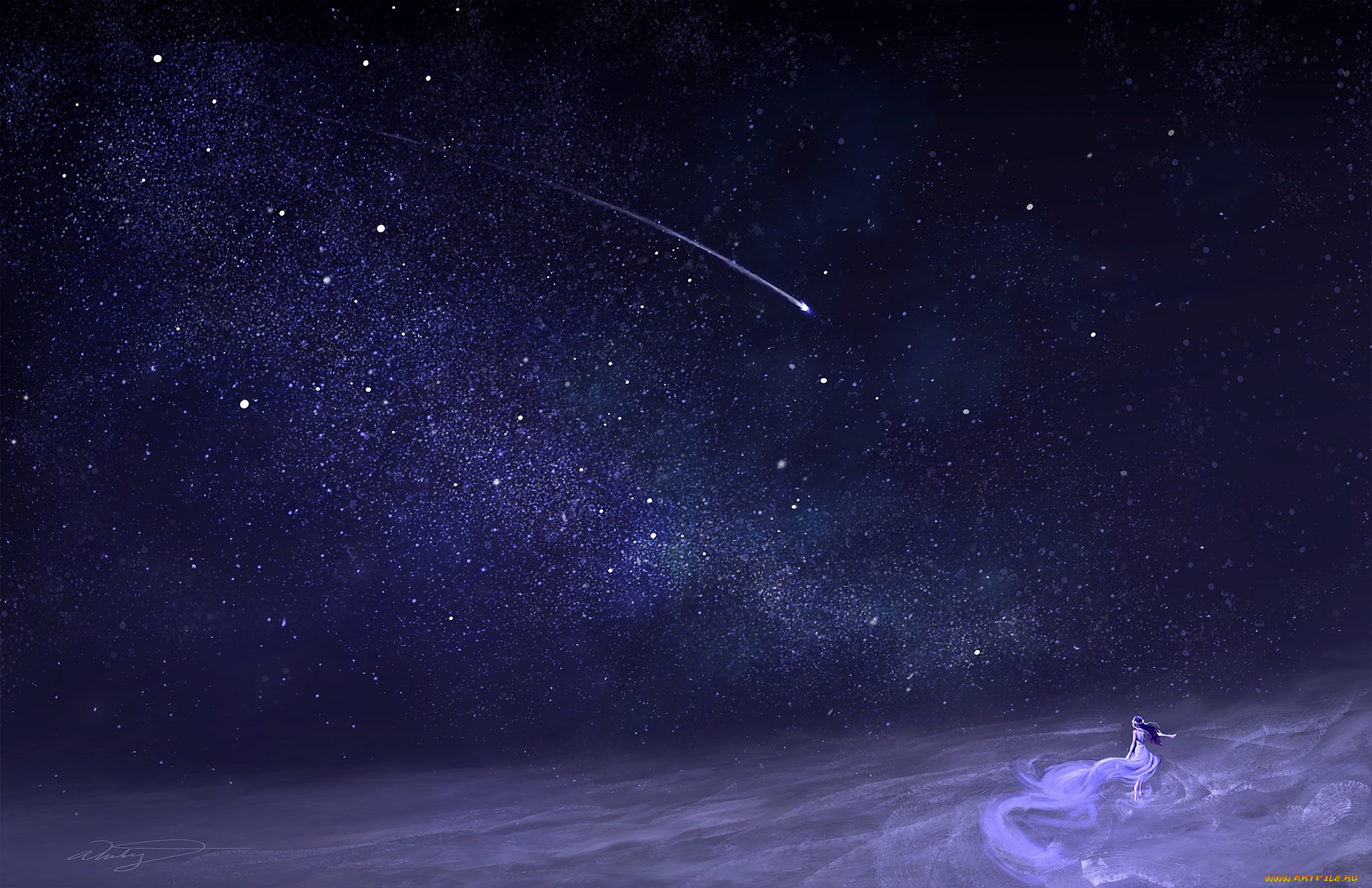 аниме, unknown, , другое, небо, девушка, ночь, падающая, звезда, танцует