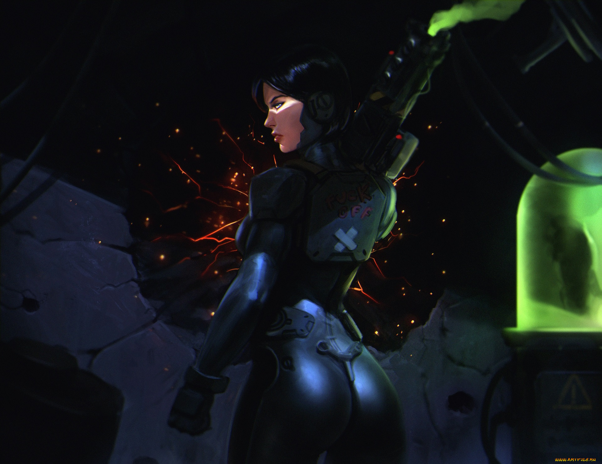 фэнтези, девушки, костюм, пушка, взгляд, арт, задница, лицо, девушка, попа, plasma, gun, фантастика