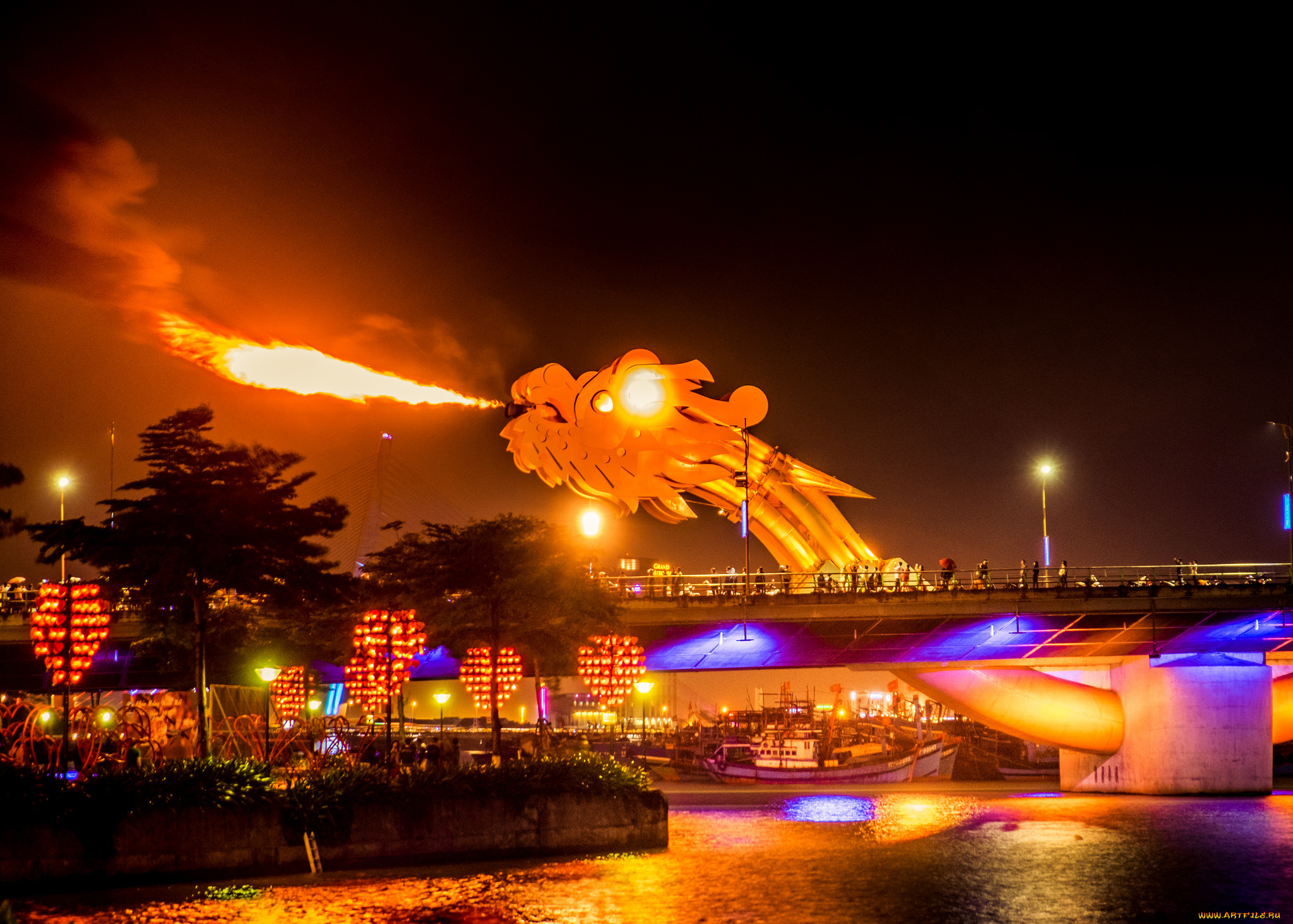 разное, иллюминация, огни, мост, дерево, дракон, пламя