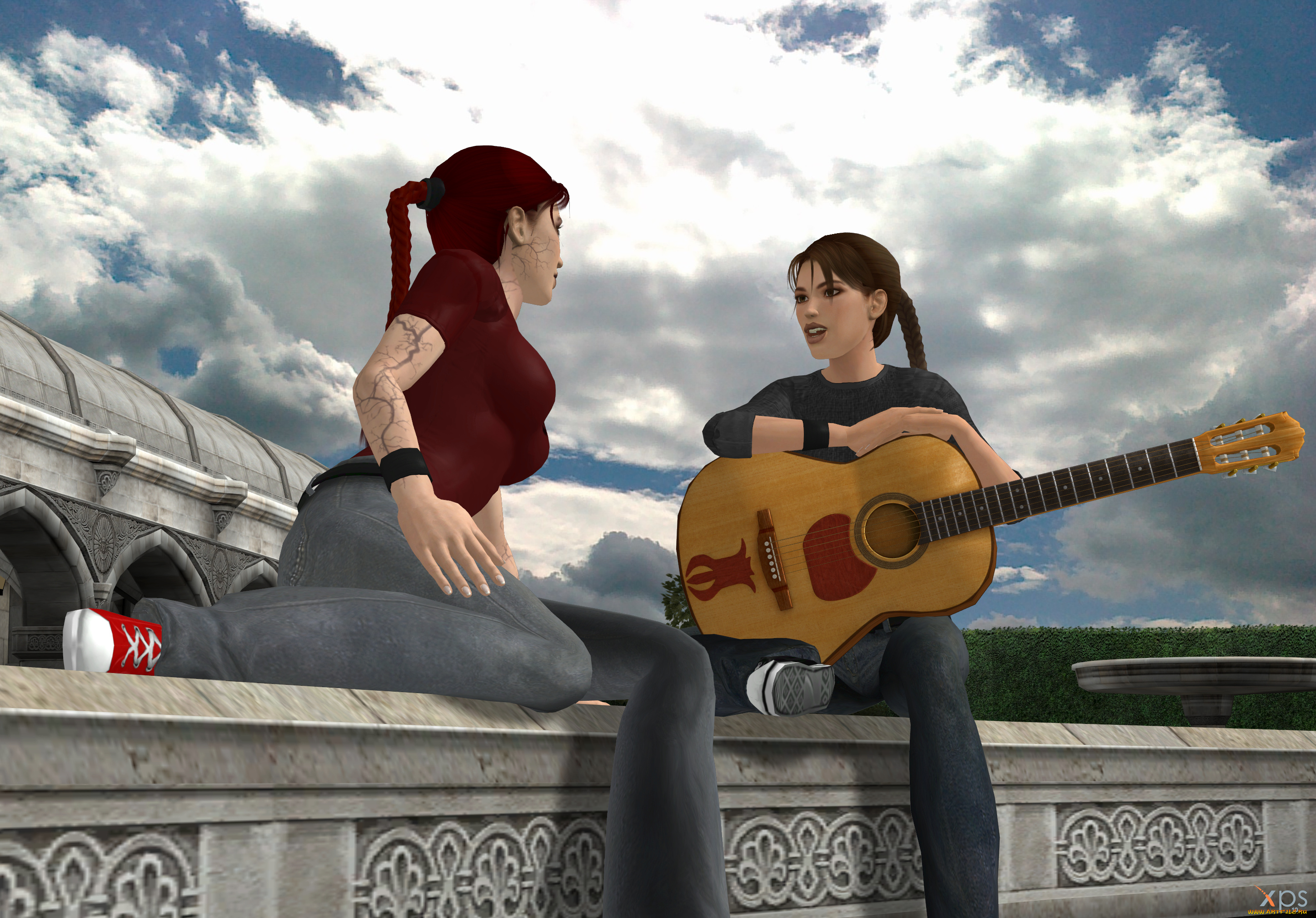 3д, графика, люди, , people, девушки, взгляд, фон, гитара