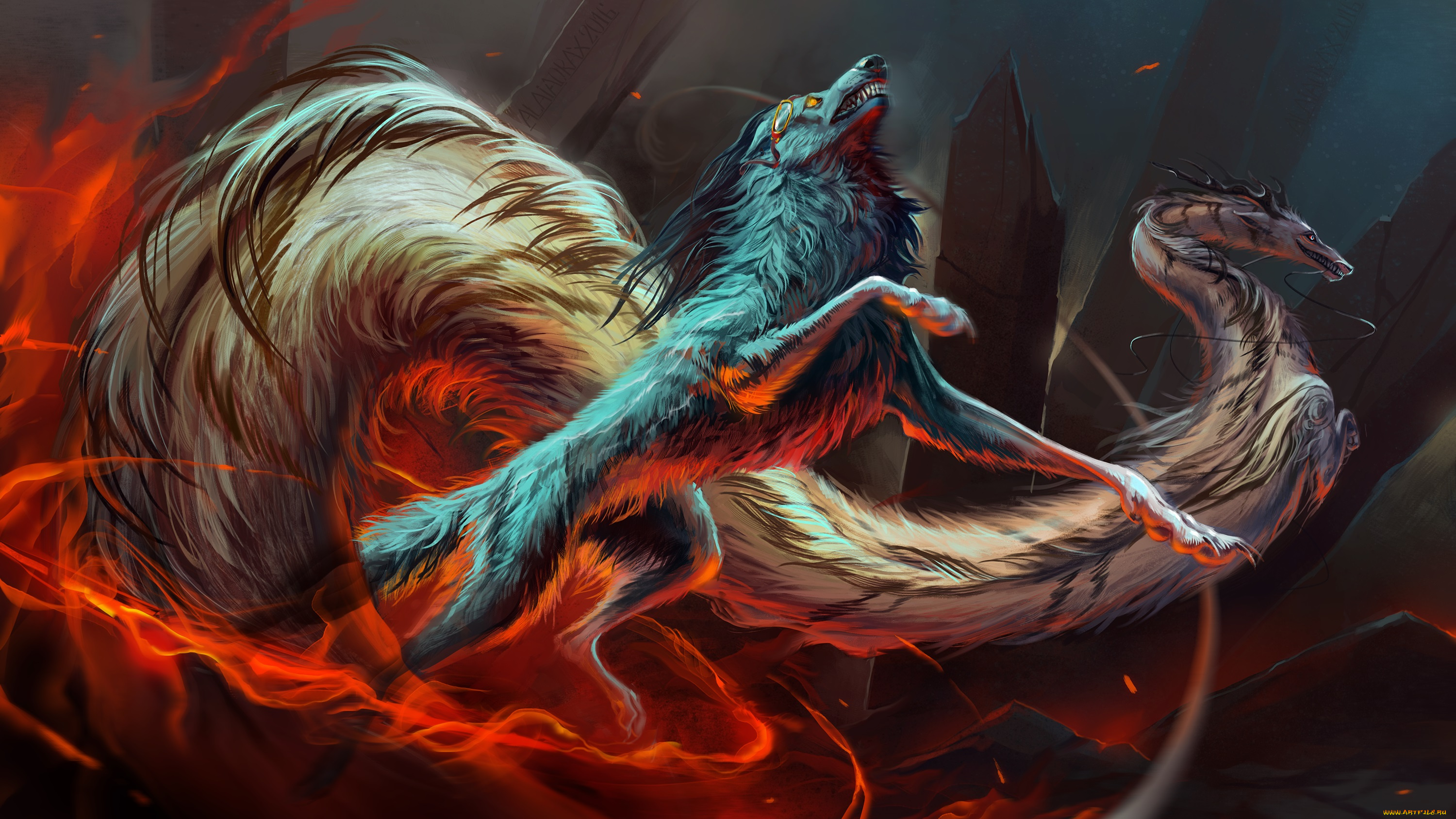 фэнтези, существа, широкоформатные, рисунки, огонь, животные, драконы, волки