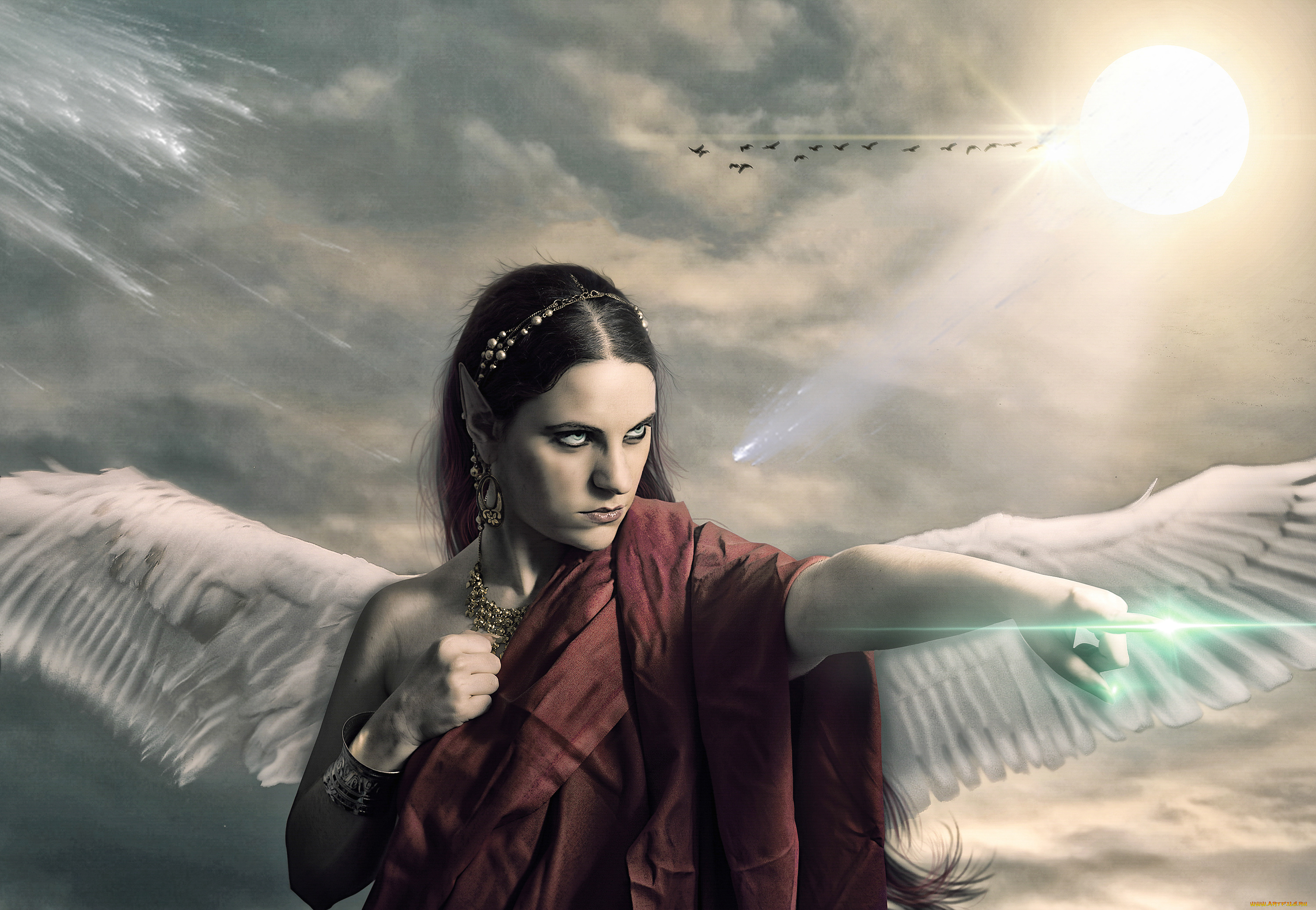 фэнтези, фотоарт, девушка, фон, взгляд, крылья, эльф