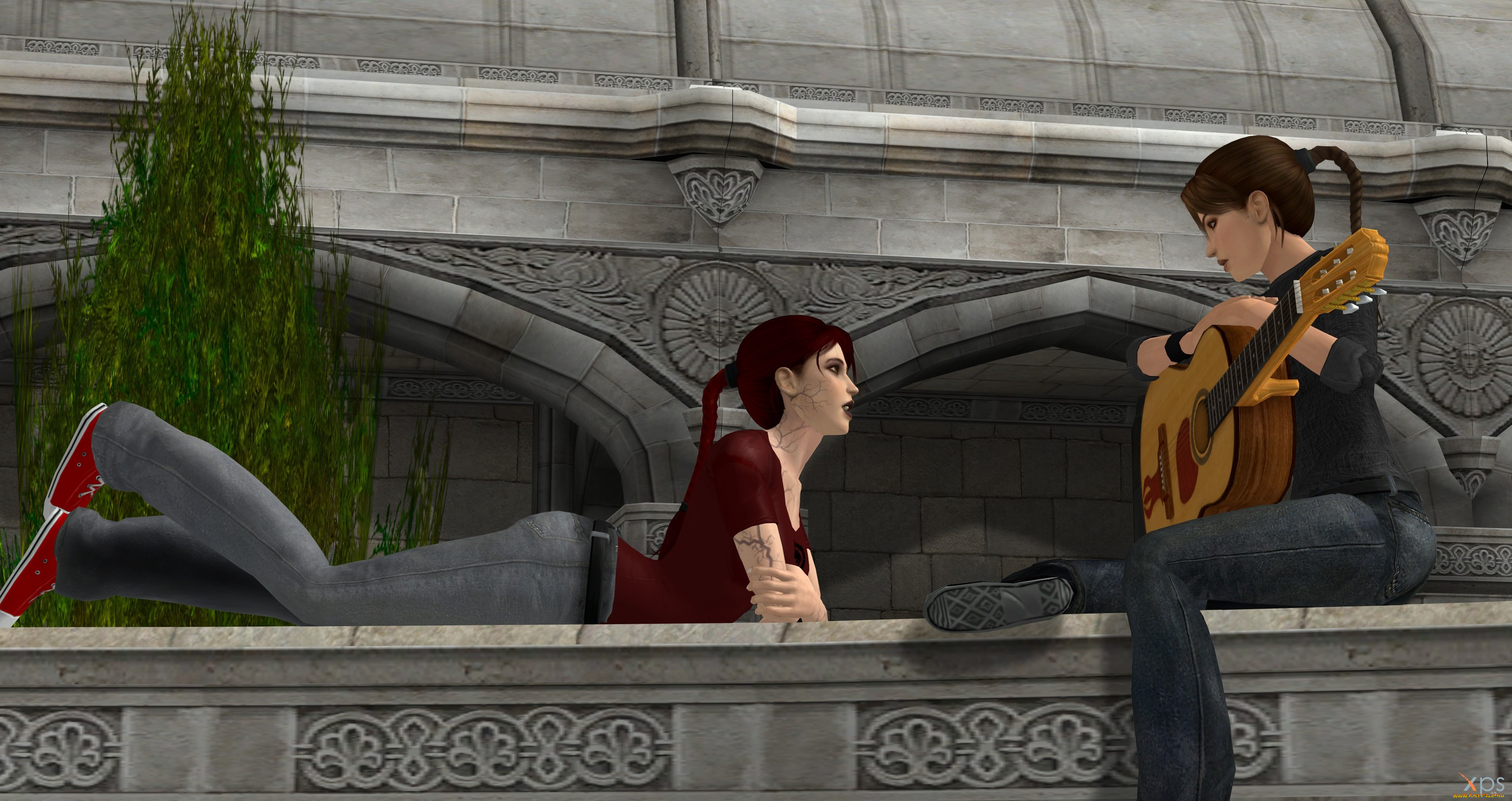 3д, графика, люди, , people, девушки, взгляд, фон, гитара