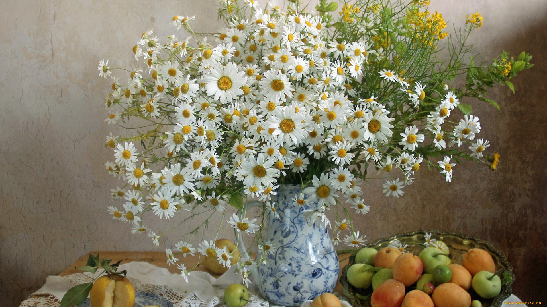 еда, натюрморт, лето, букет, фрукты, ромашки, абрикосы