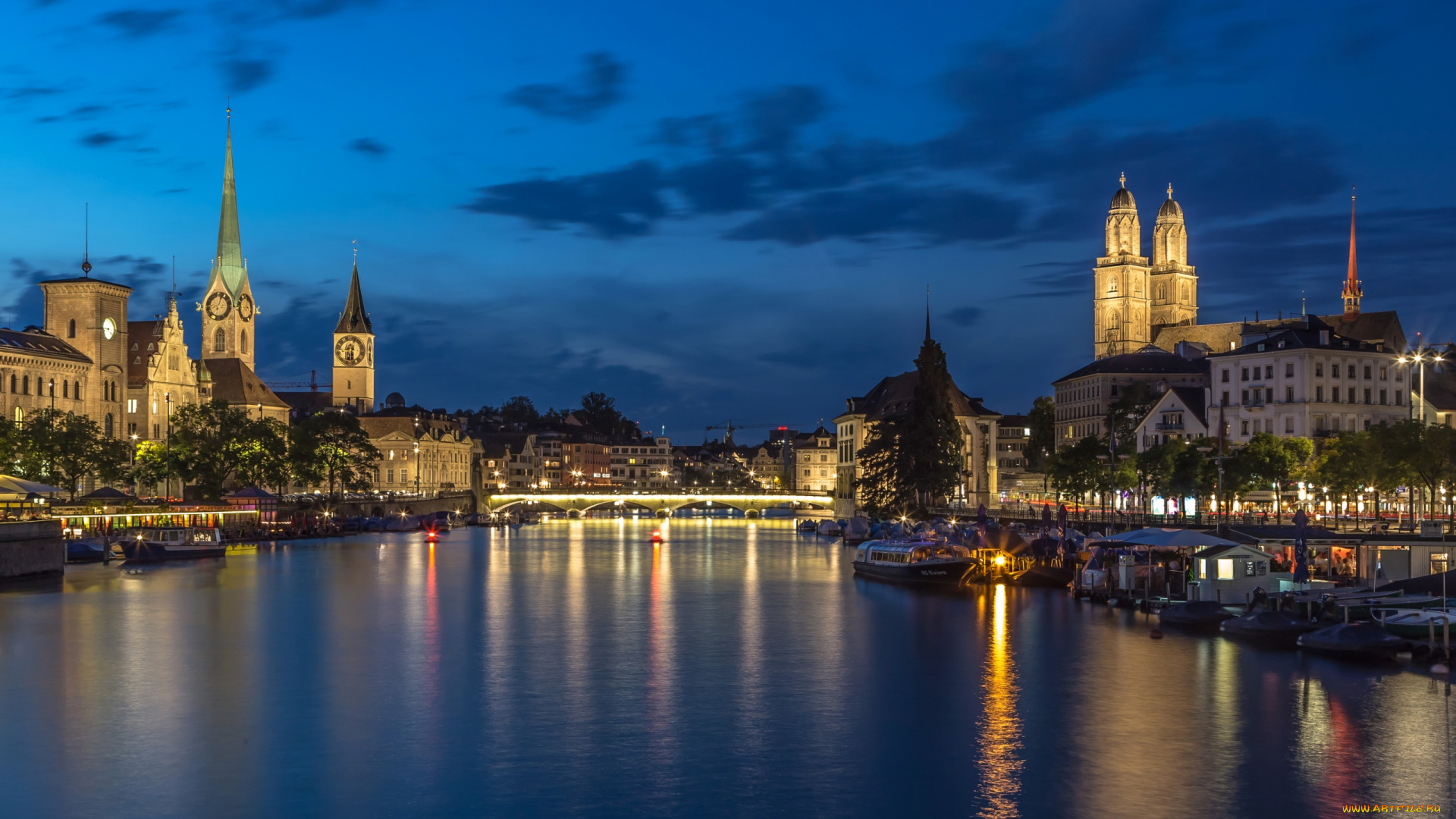 города, цюрих, , швейцария, огни, здания, мост, река, облака, небо