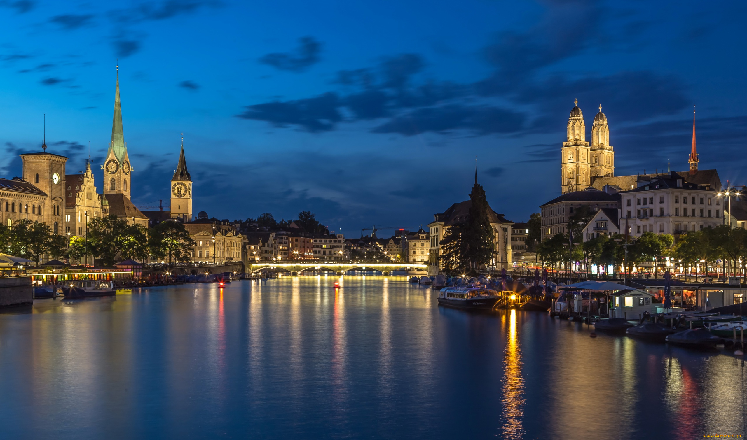города, цюрих, , швейцария, огни, здания, мост, река, облака, небо