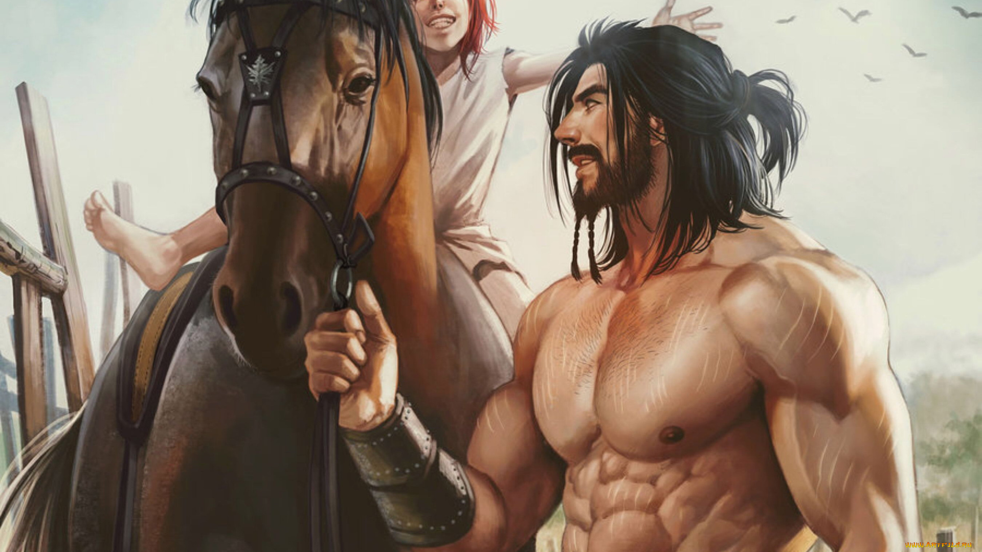 рисованное, aenaluck, мужчина, борода, меч, лошадь, девочка