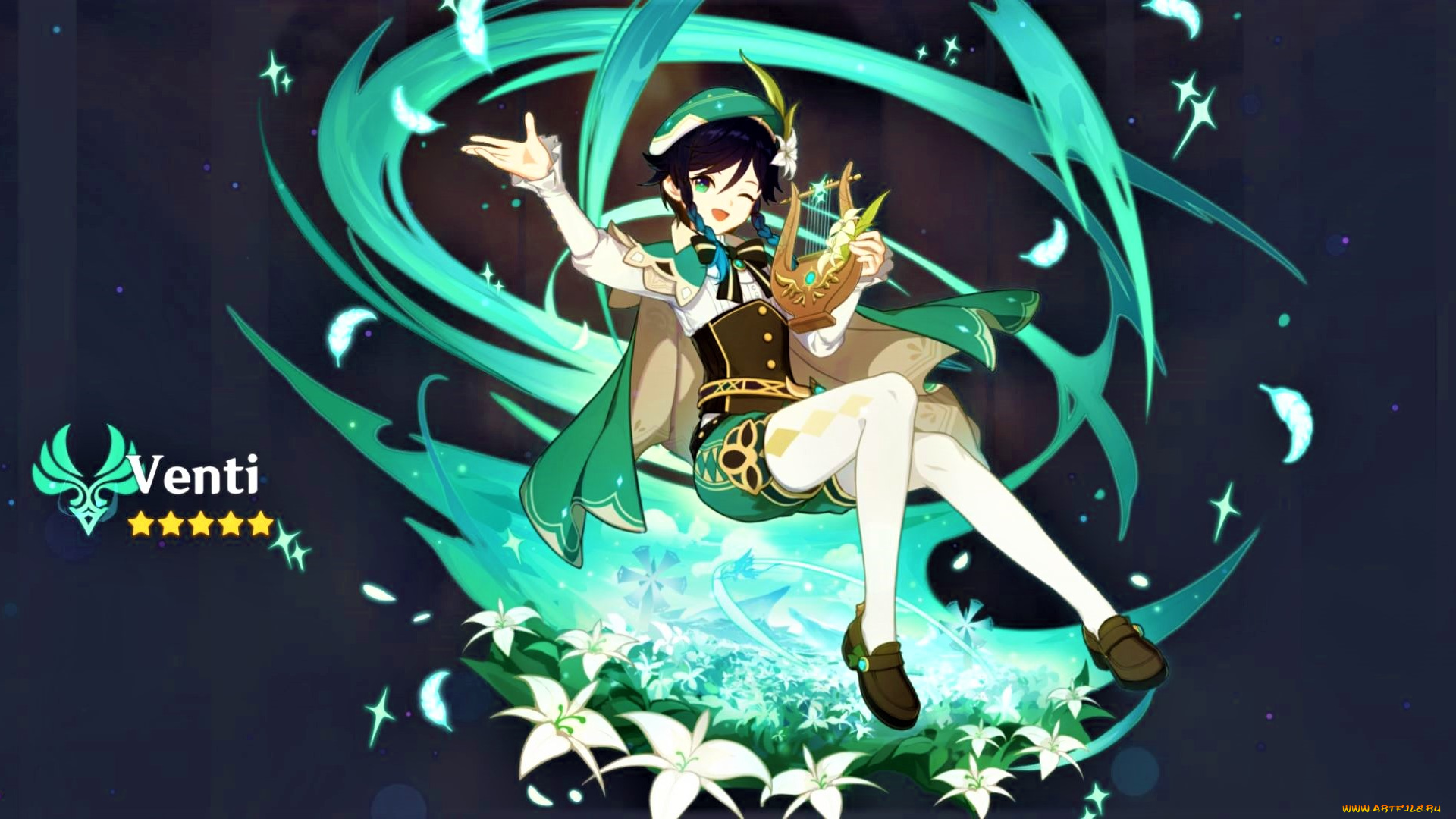 аниме, genshin, impact, девушка, цветы, магия, лира