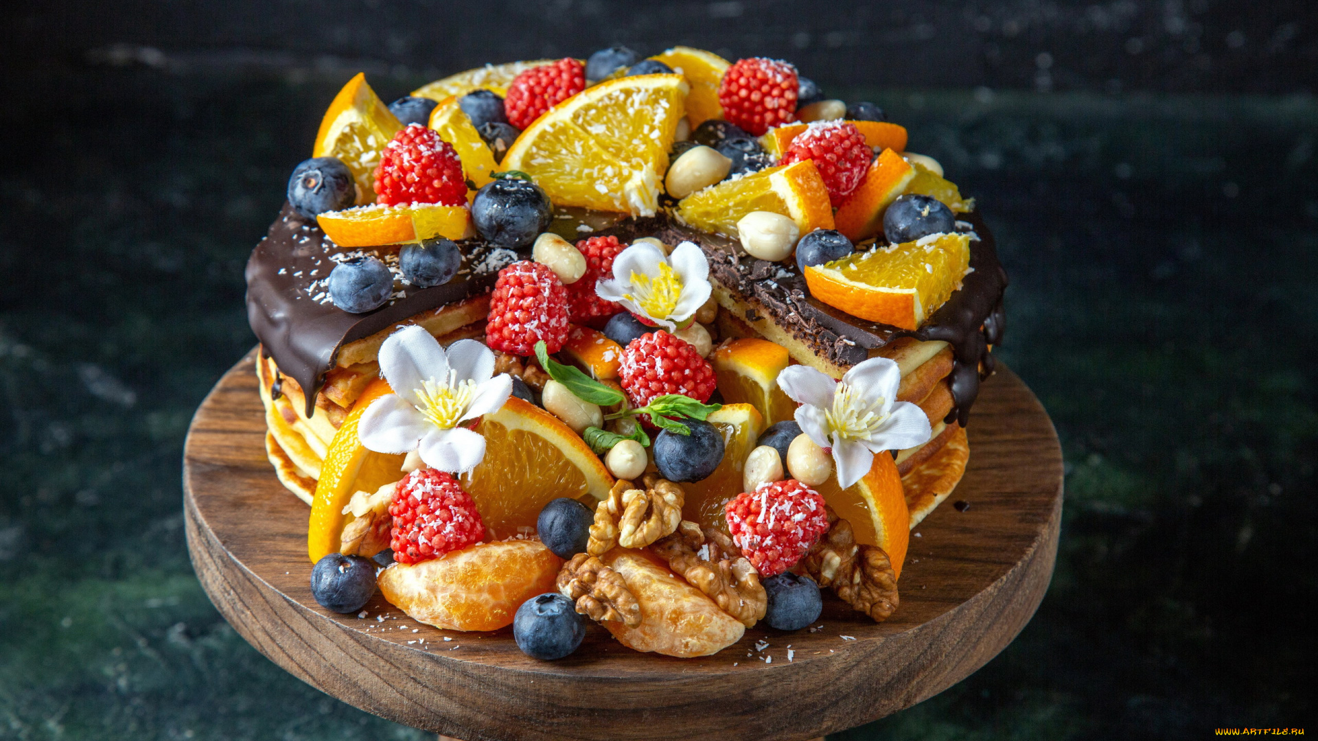 еда, блины, , оладьи, фрукты, орехи, десерт