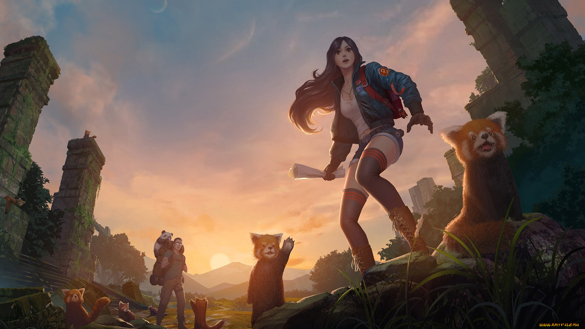 фэнтези, люди, девушка, мужчина, рюкзак, панды, развалины