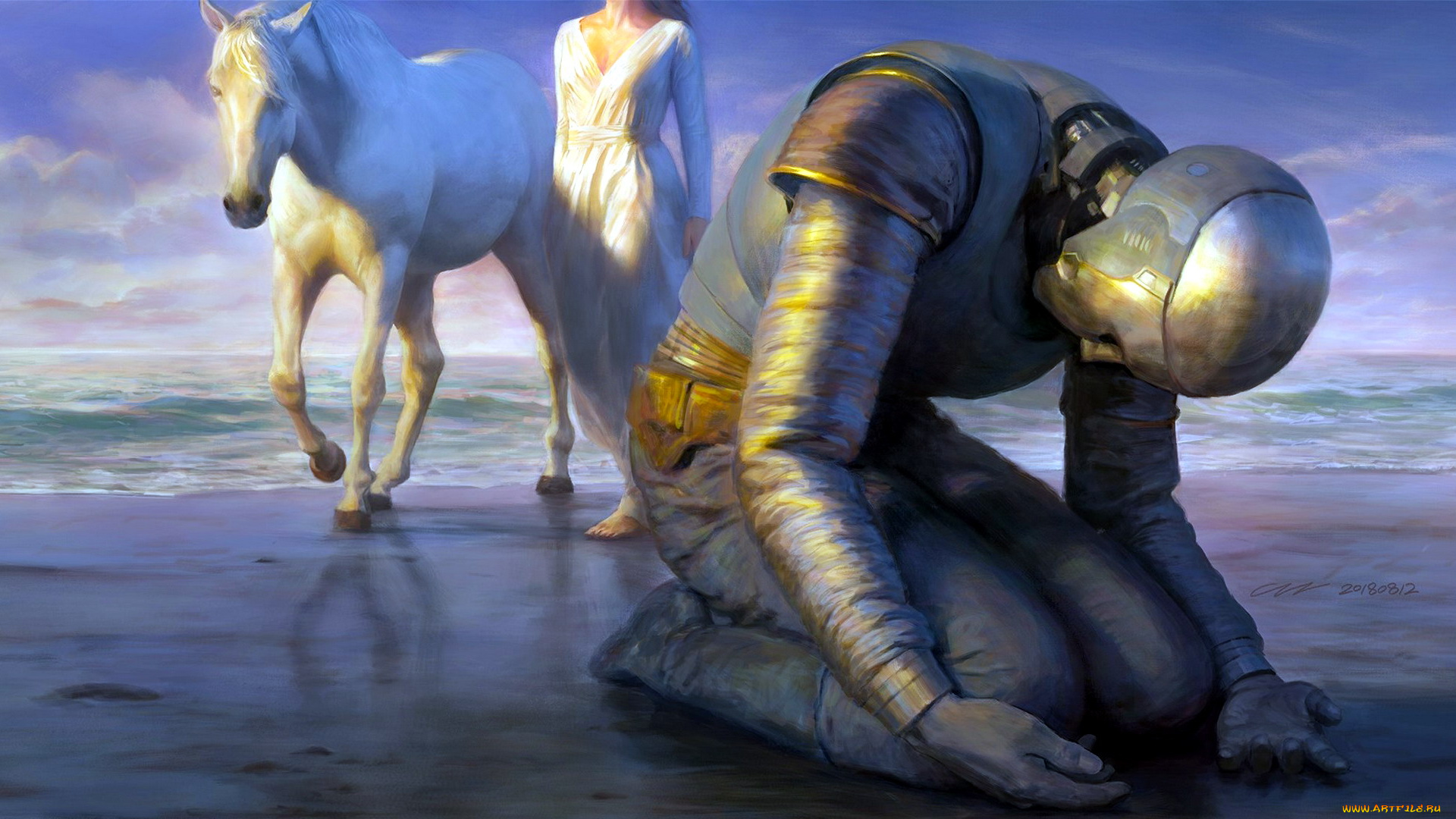 фэнтези, роботы, , киборги, , механизмы, киборг, девушка, лошадь, море, берег