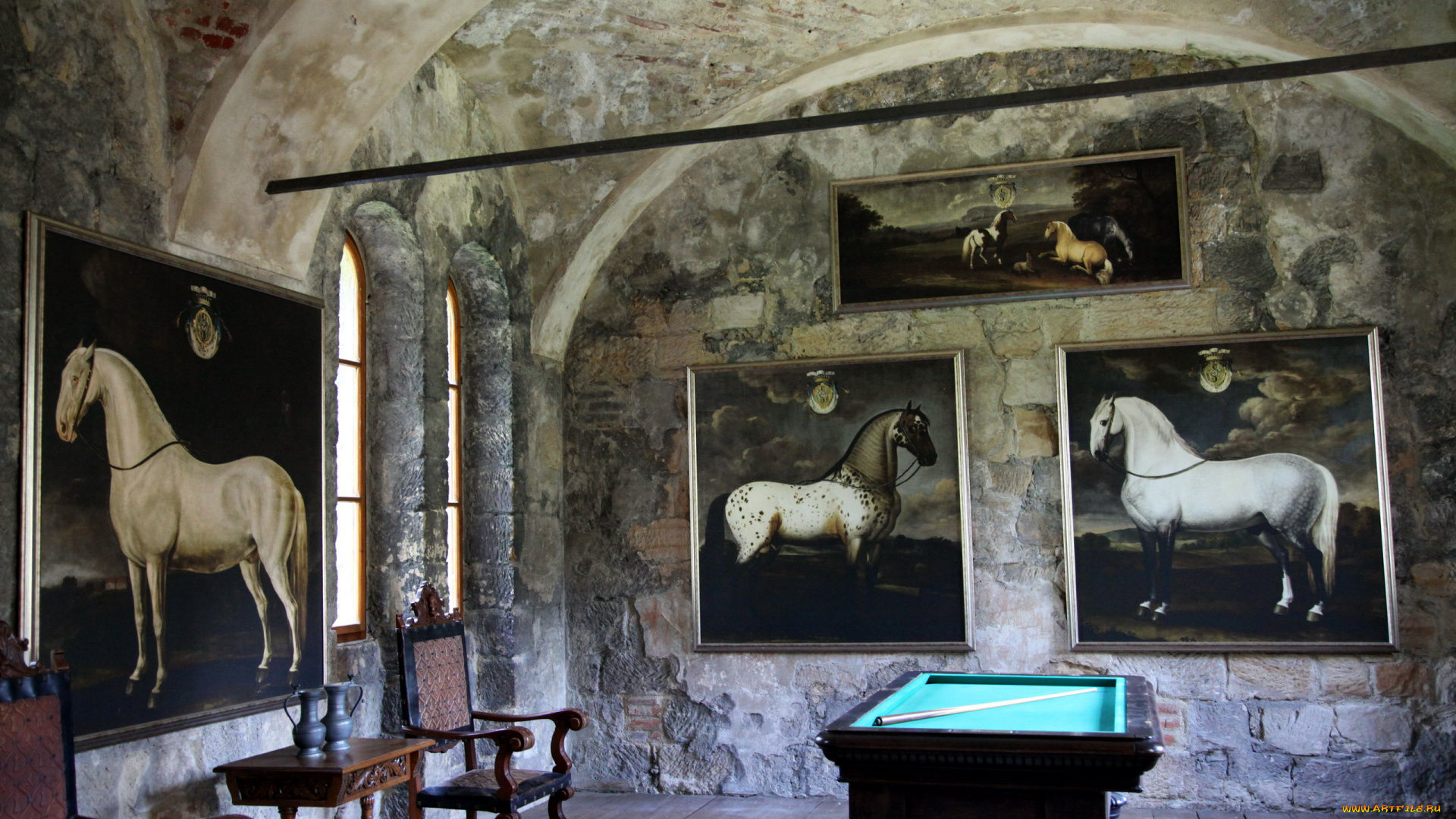 интерьер, кабинет, , библиотека, , офис, картины, стол, бильярдный