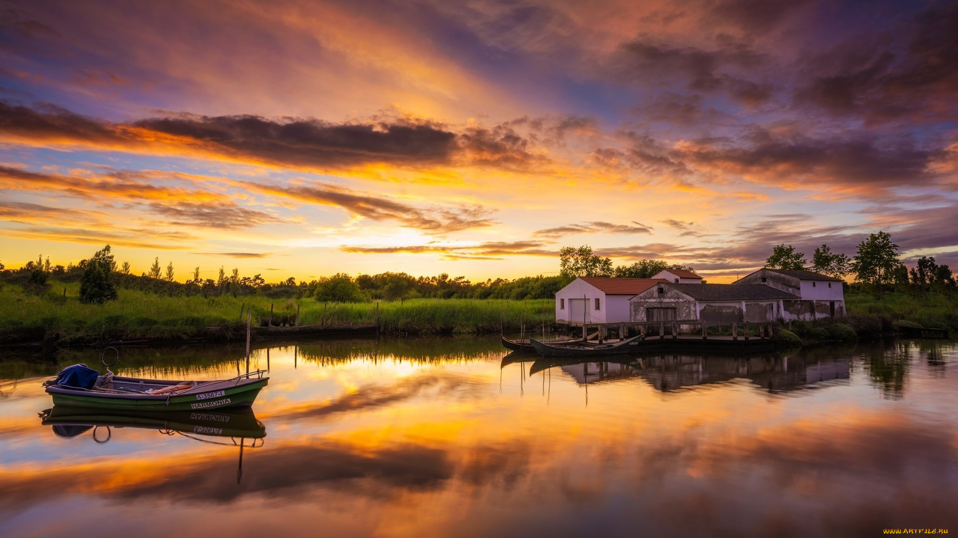 корабли, моторные, лодки, закат, моторки, домики