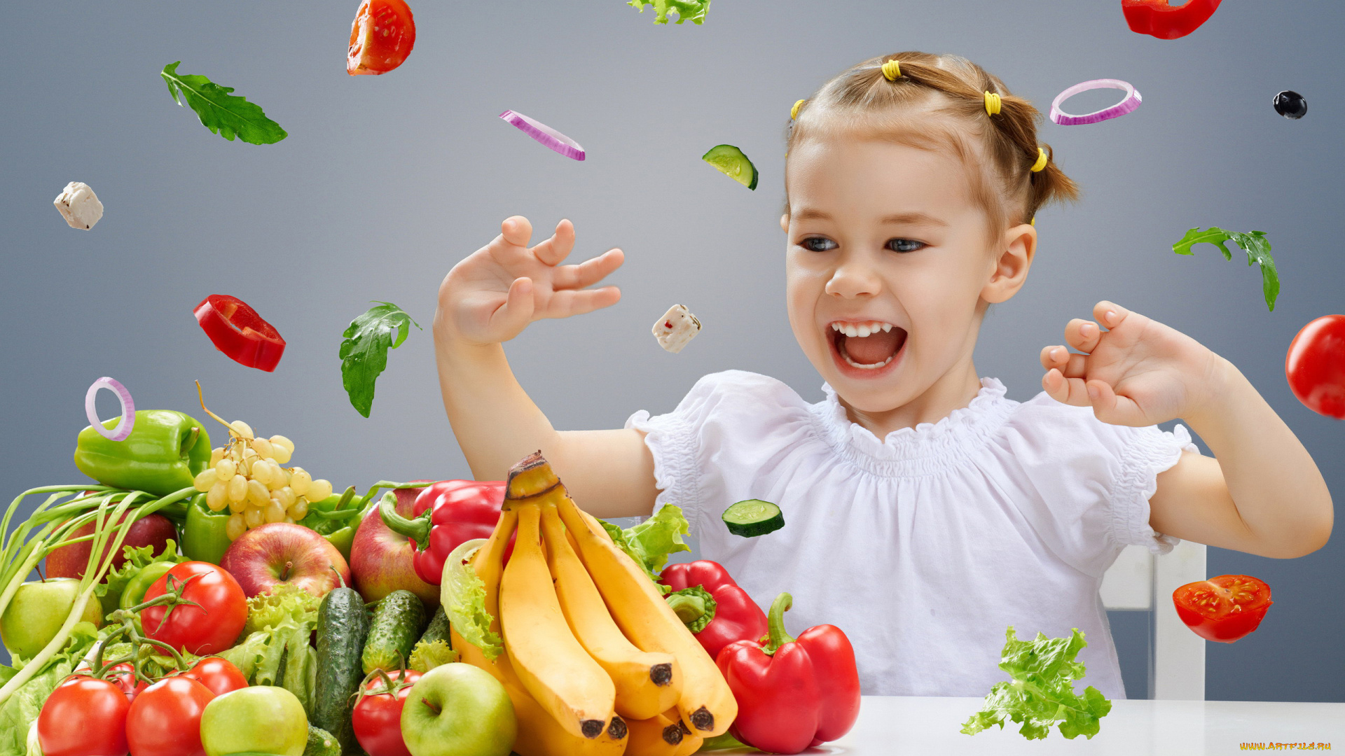 разное, настроения, фрукты, овощи, девочка, улыбка