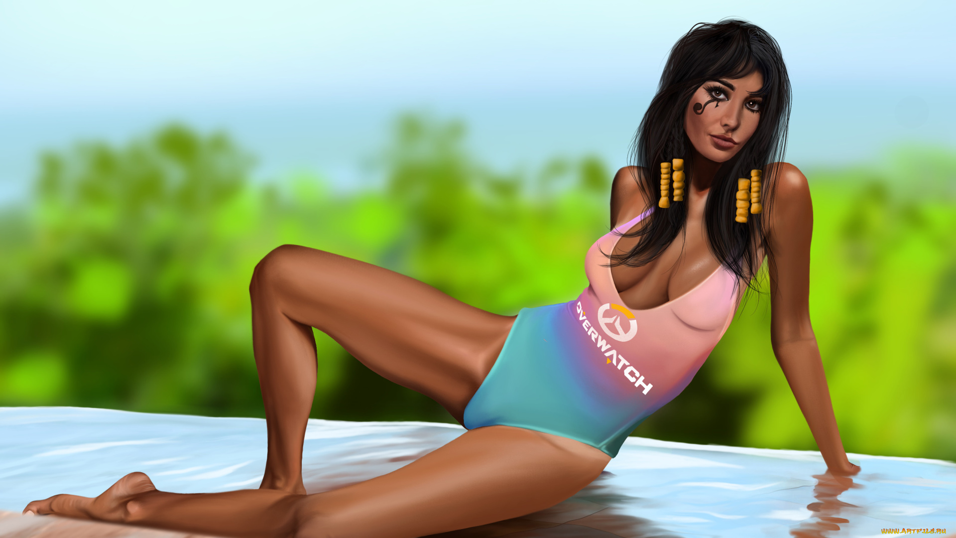 видео, игры, overwatch, девушка, фон, взгляд, купальник