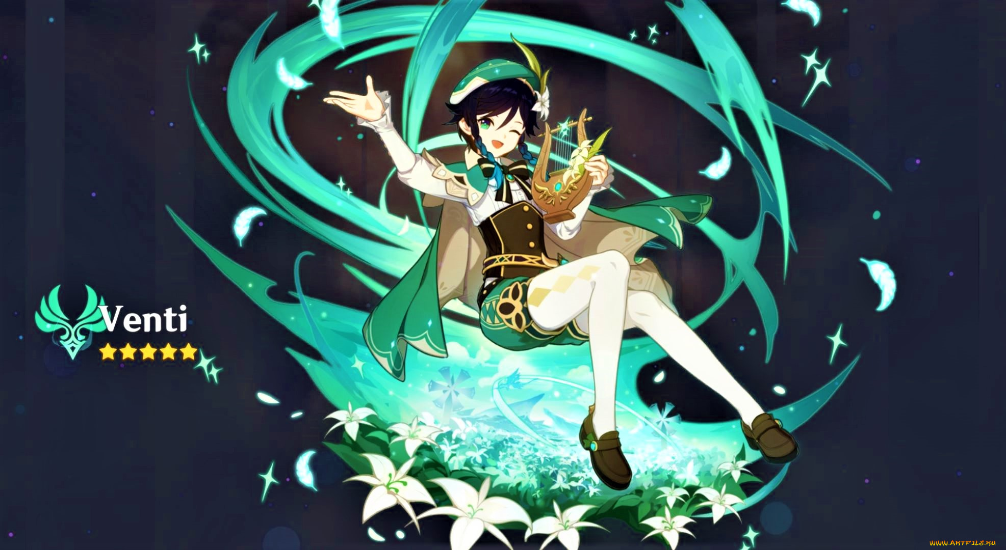 аниме, genshin, impact, девушка, цветы, магия, лира