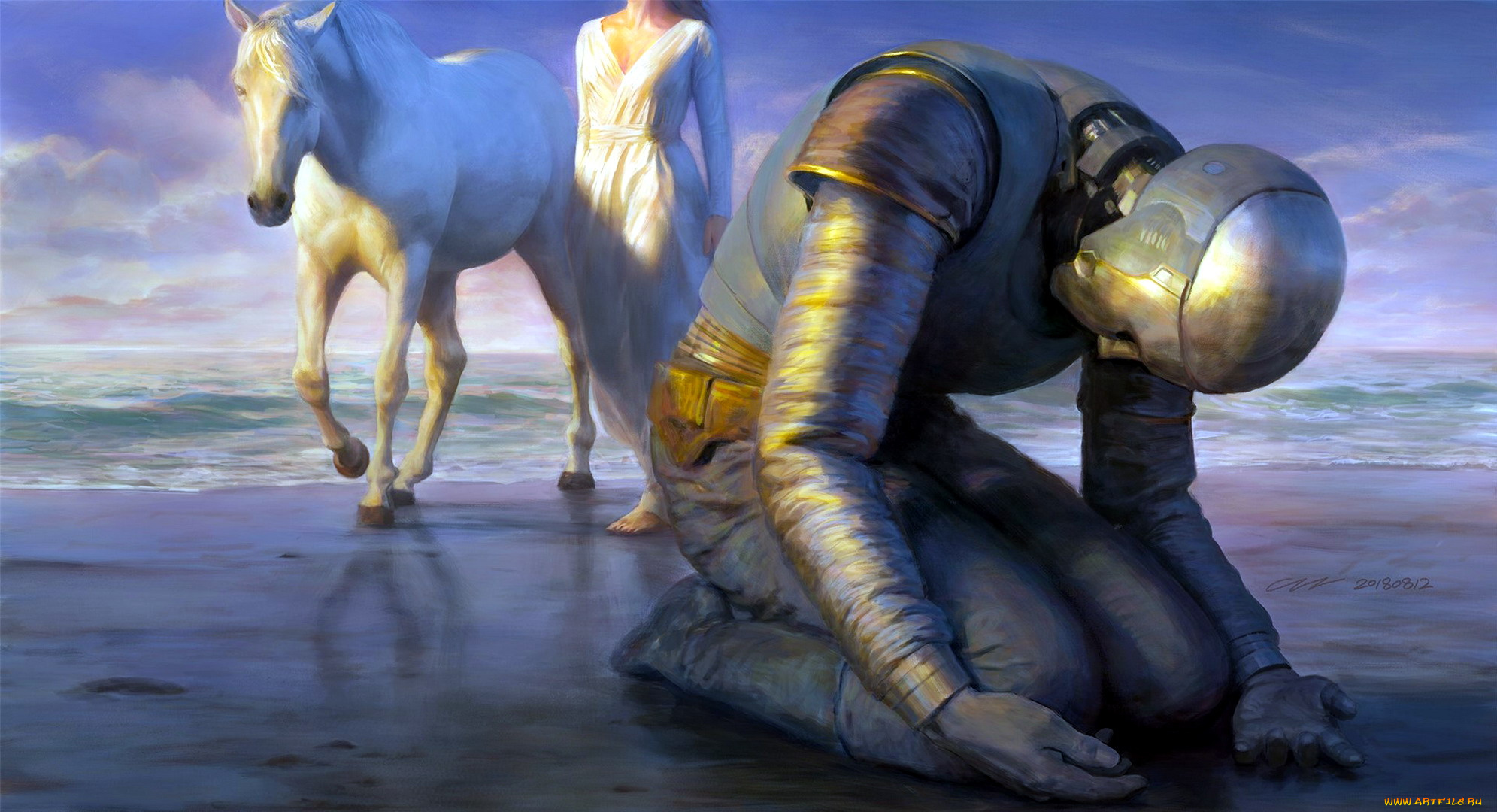 фэнтези, роботы, , киборги, , механизмы, киборг, девушка, лошадь, море, берег