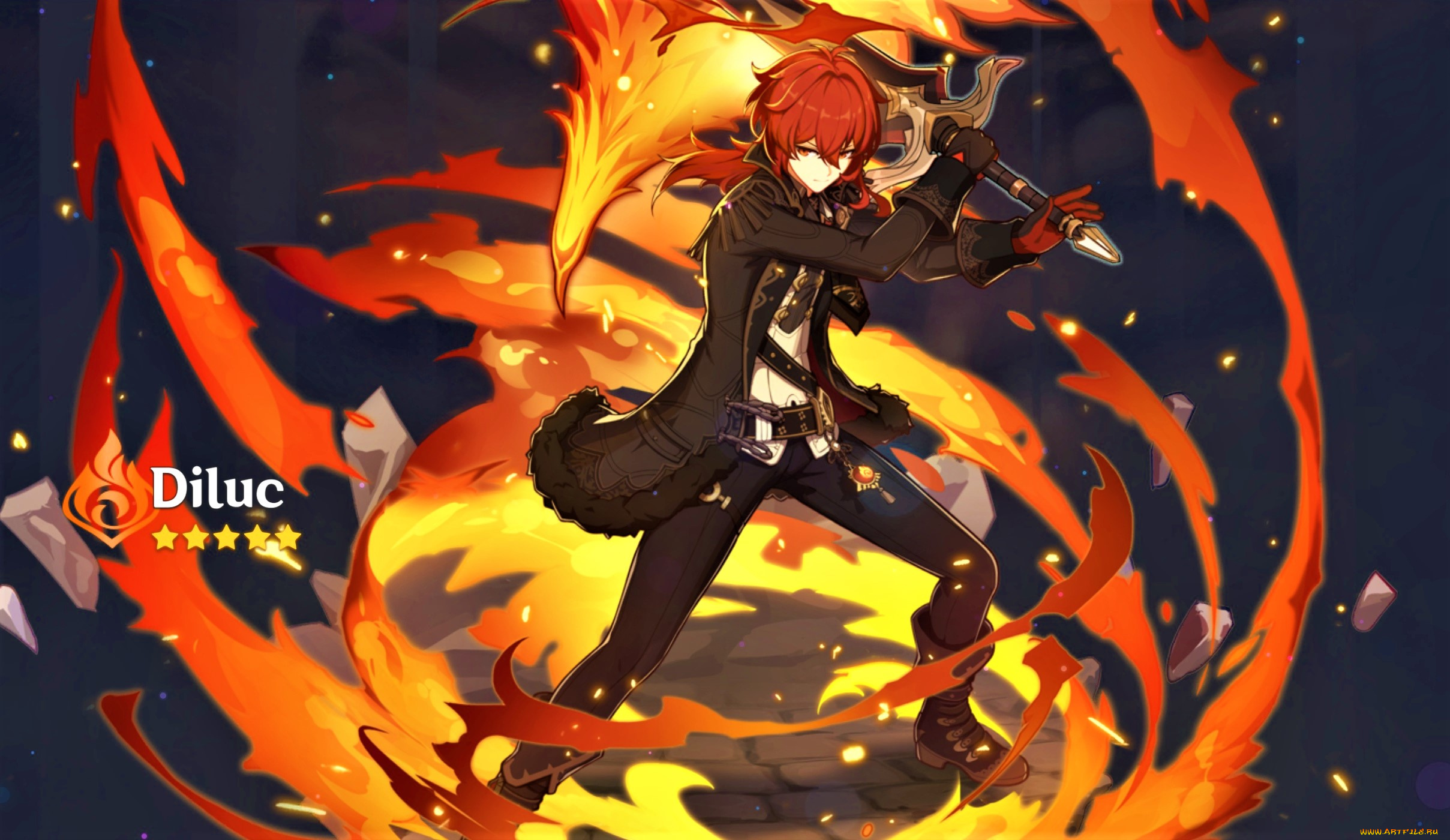 аниме, genshin, impact, парень, меч, огонь