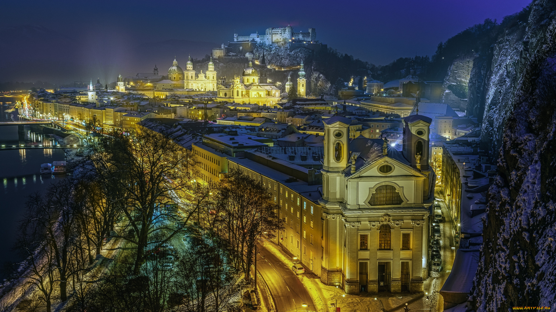 города, -, огни, ночного, города, церковь, хоэнзальцбург, ночь, австрия