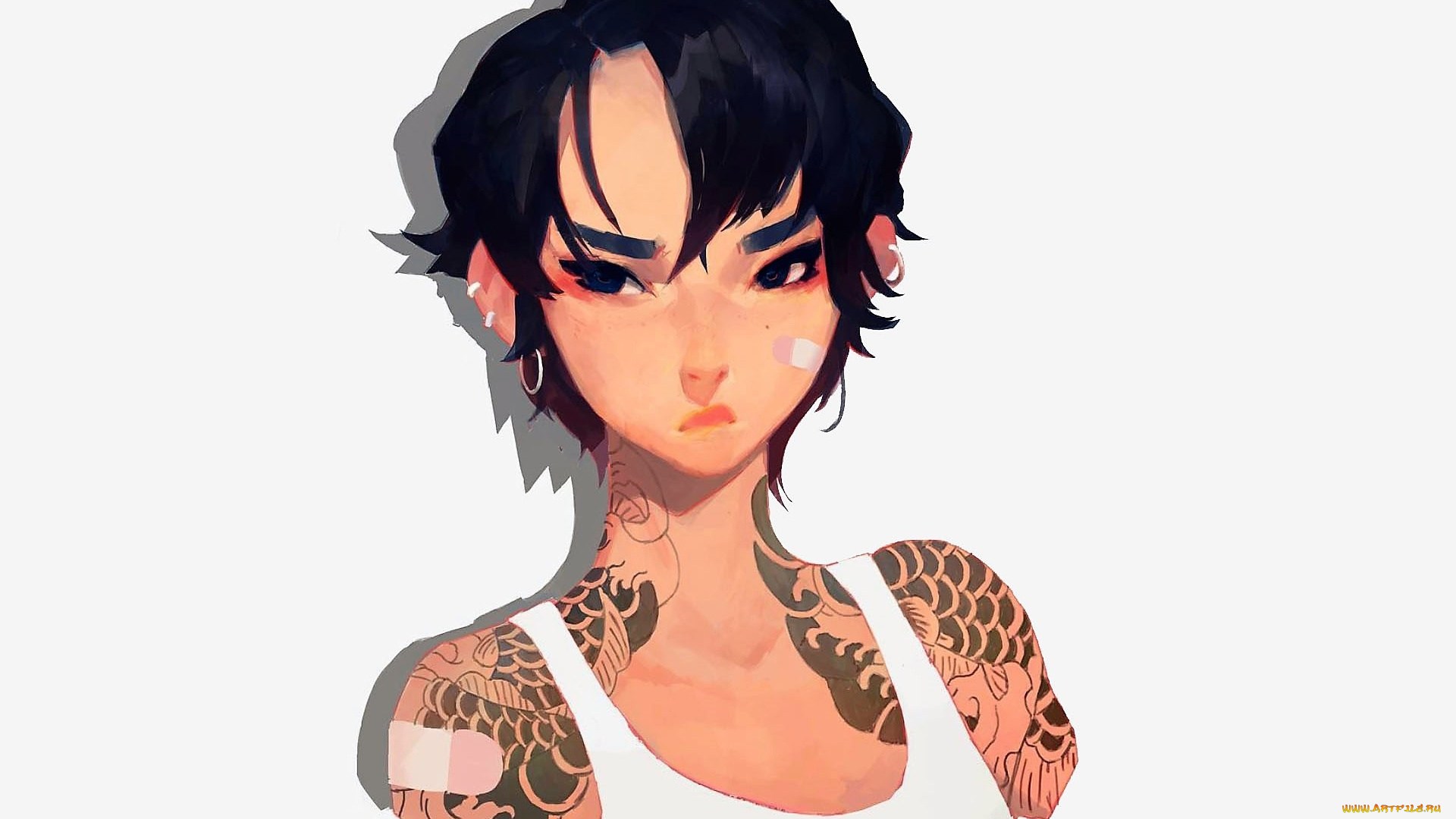 рисованное, люди, девушка, пластыри, тату, майка