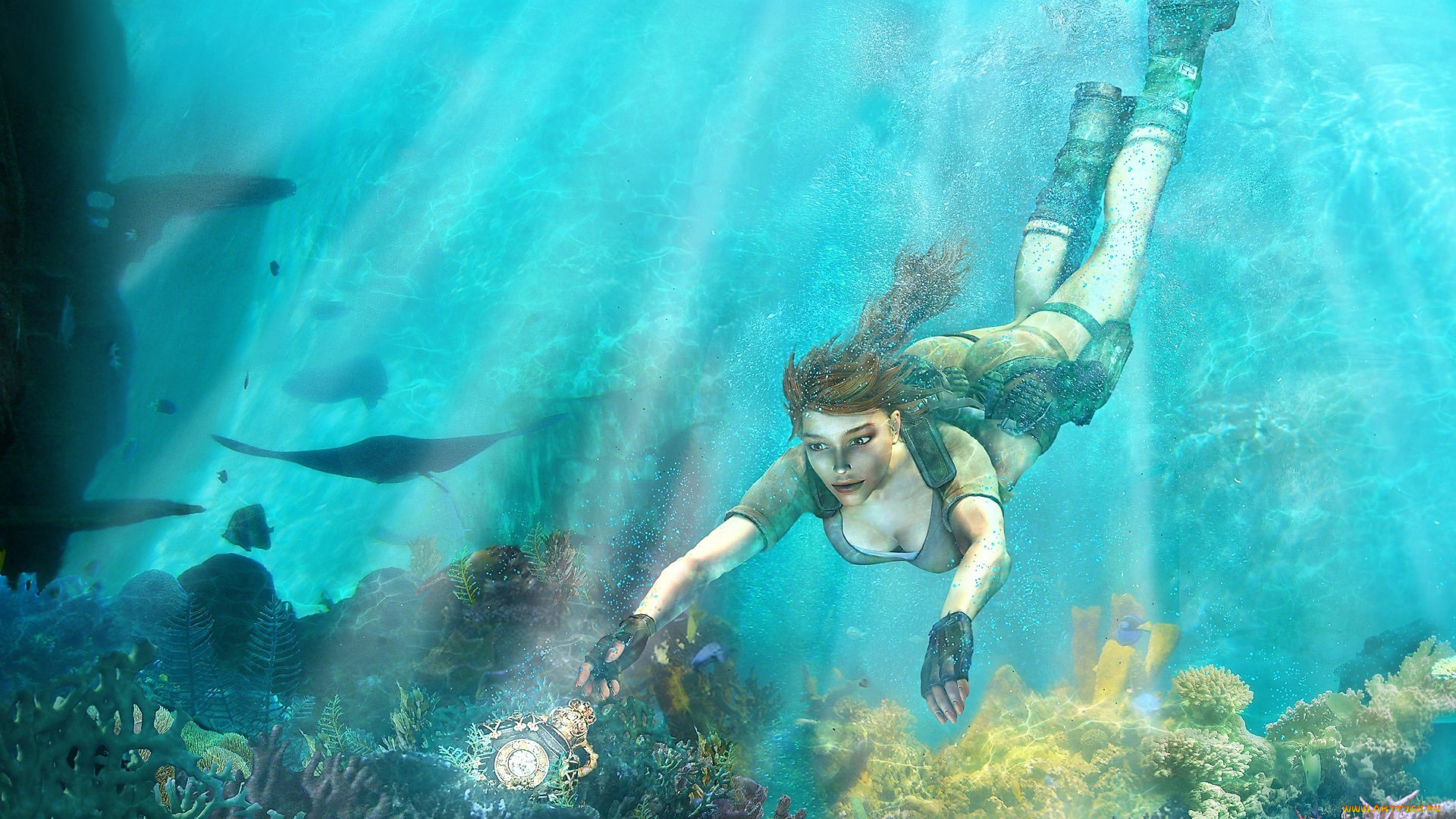 видео, игры, lara, croft, tomb, raider, , anniversary, лара, крофт, море, дно