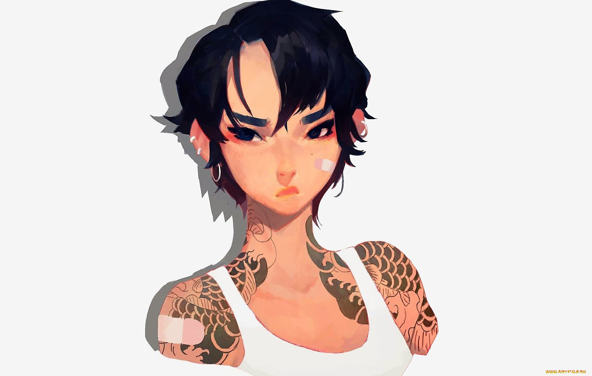 рисованное, люди, девушка, пластыри, тату, майка