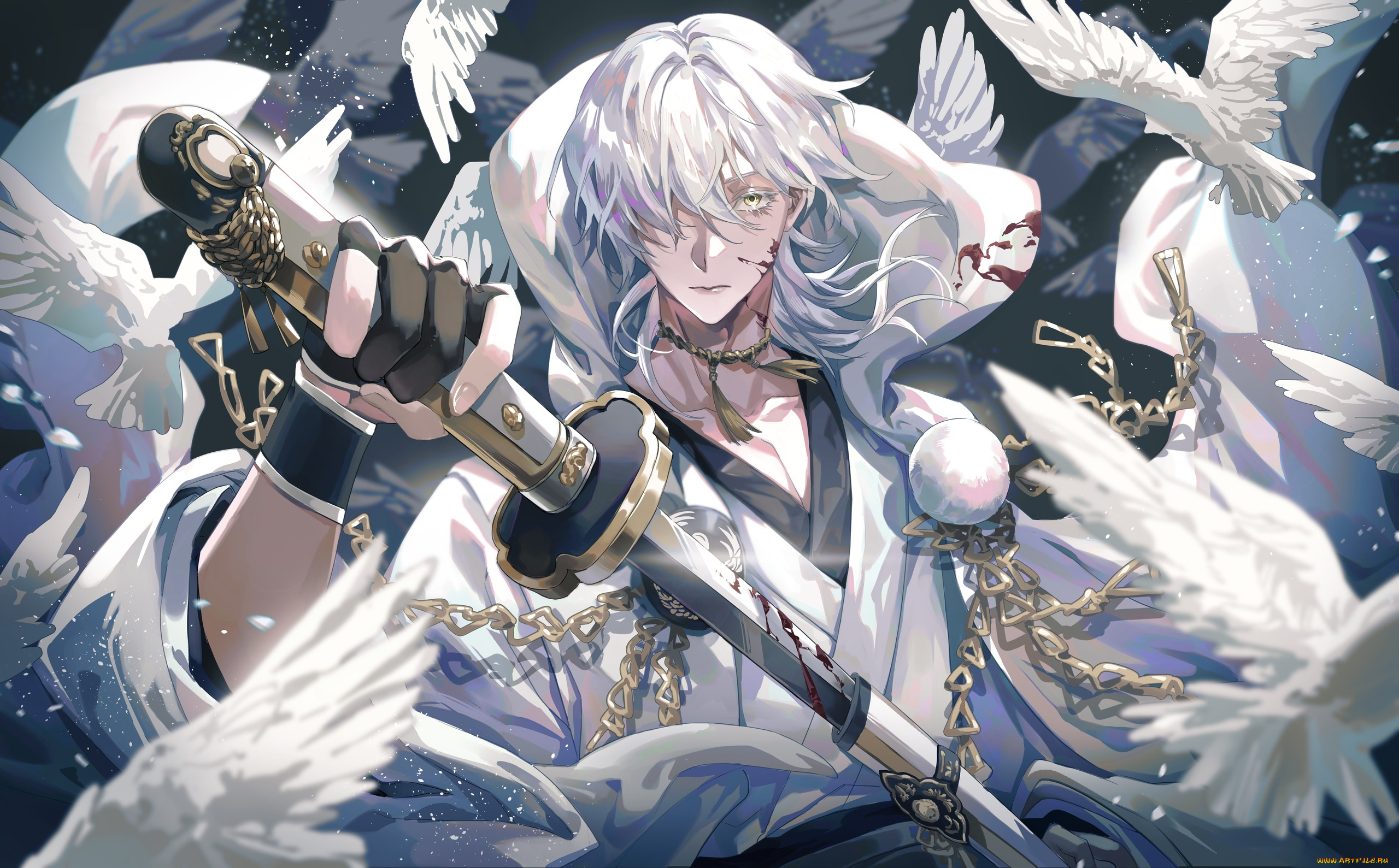 аниме, touken, ranbu, парень, птицы, меч