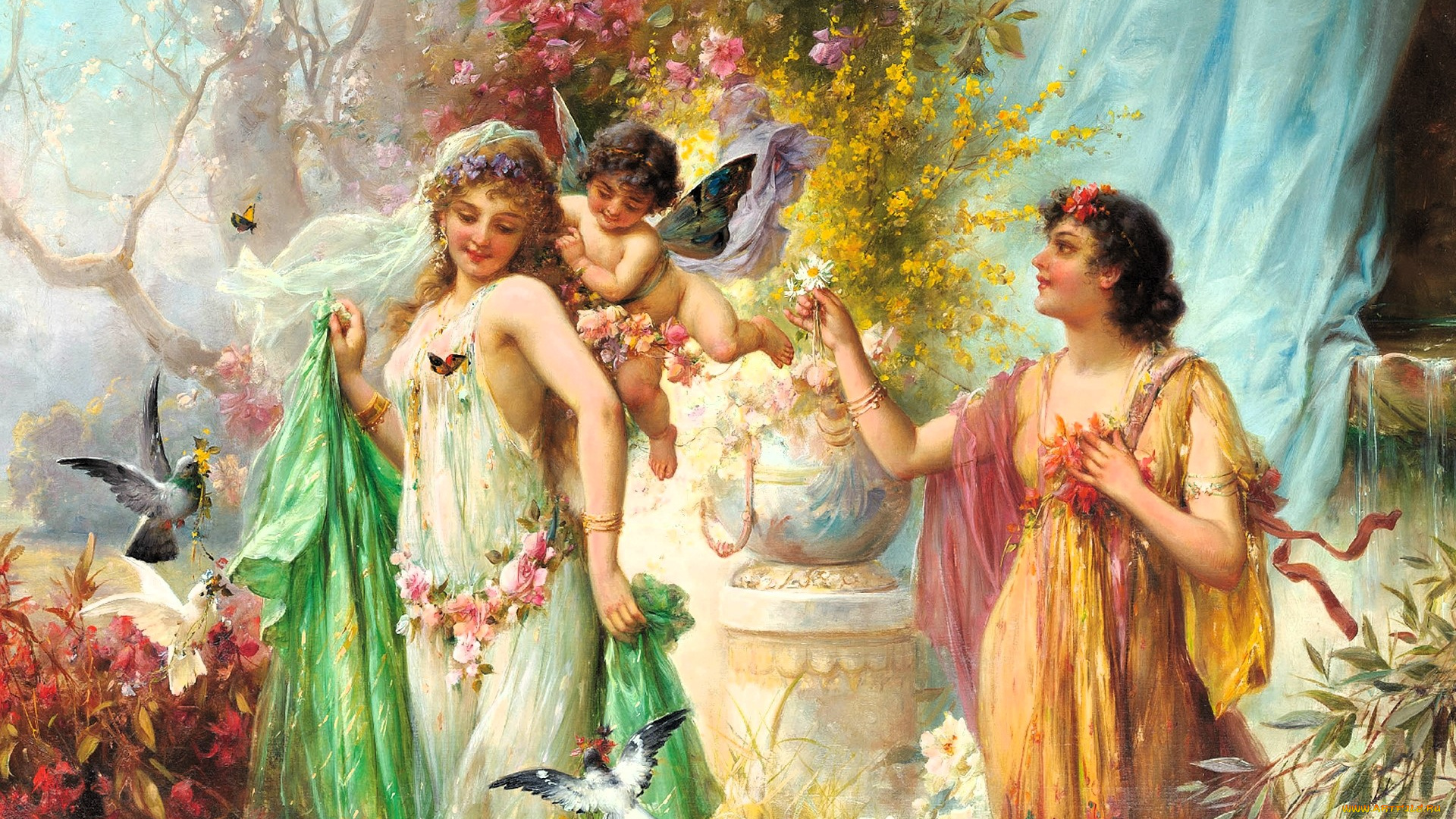 рисованное, hans, zatzka, женщины, сад, птицы, цветы, ангел