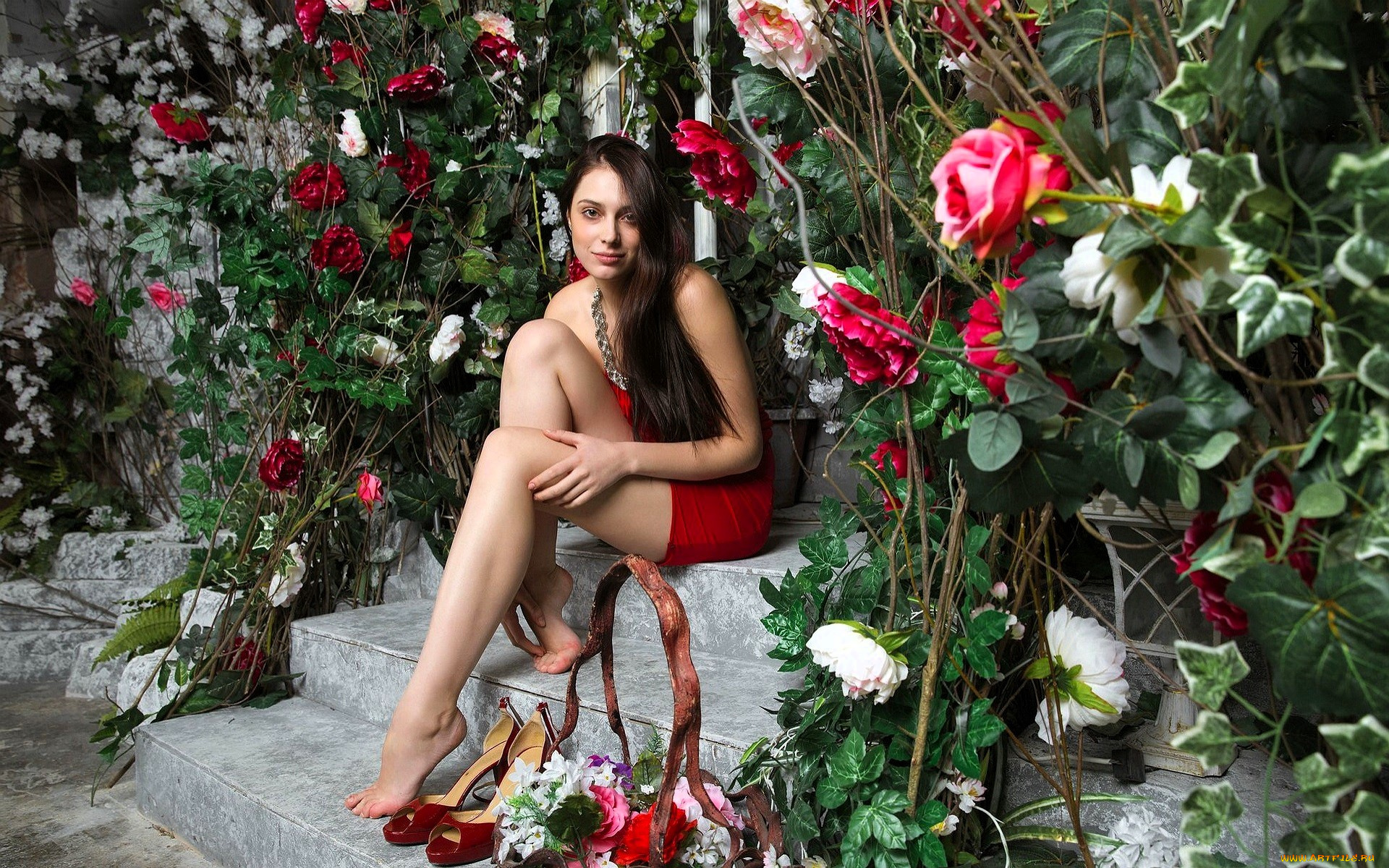 девушки, -, брюнетки, , шатенки, шатенка, платье, туфли, ступени, цветы