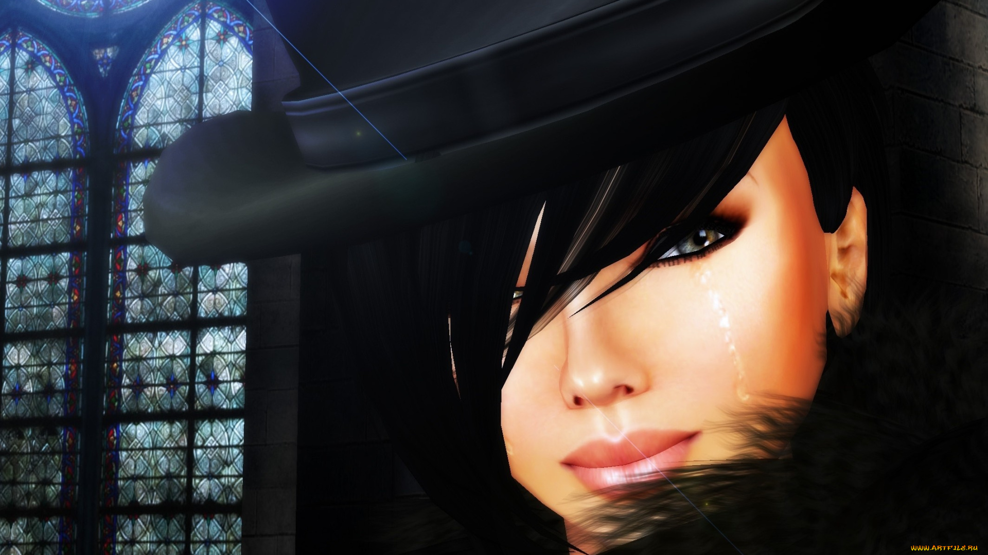 3д, графика, portraits, портрет, девушка, шляпа, луч, слеза