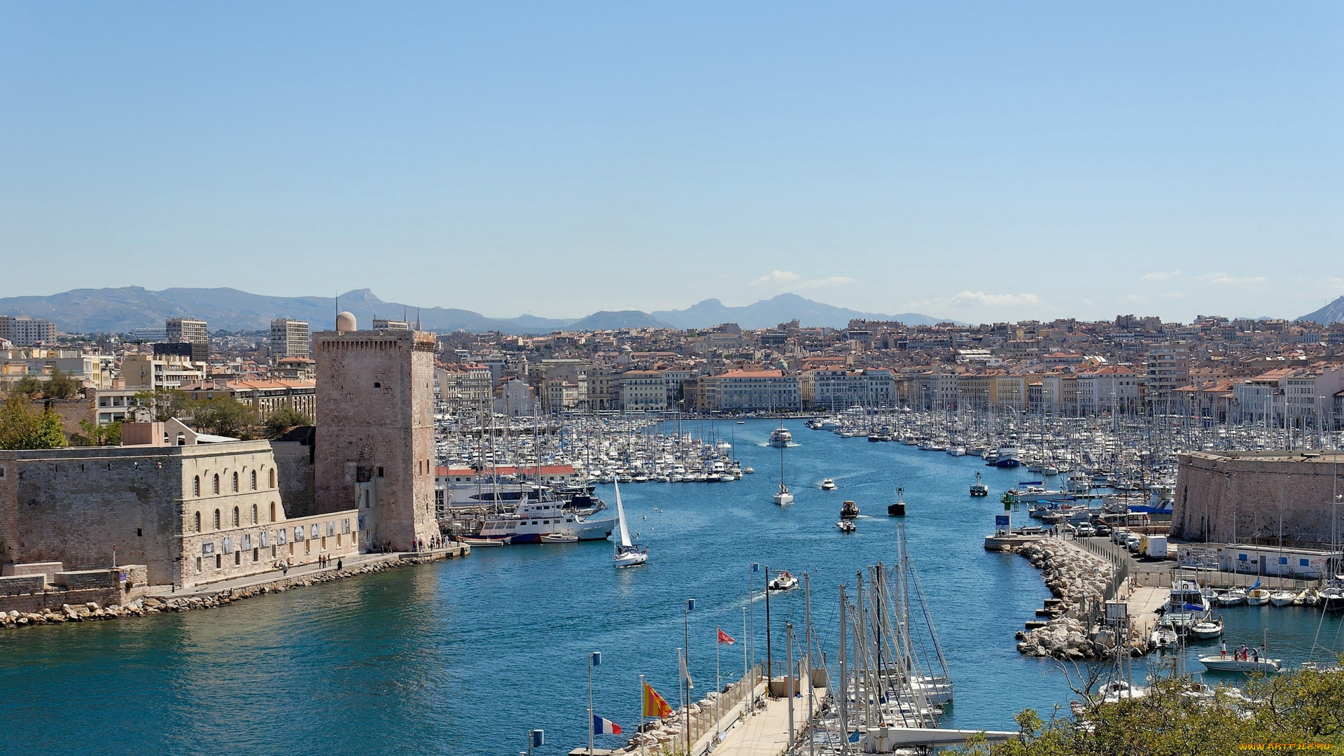 марсель, франция, города, панорамы, дома, башня, река, катера