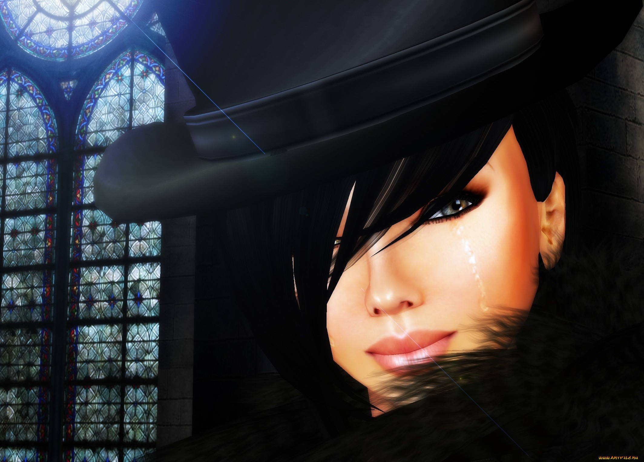 3д, графика, portraits, портрет, девушка, шляпа, луч, слеза