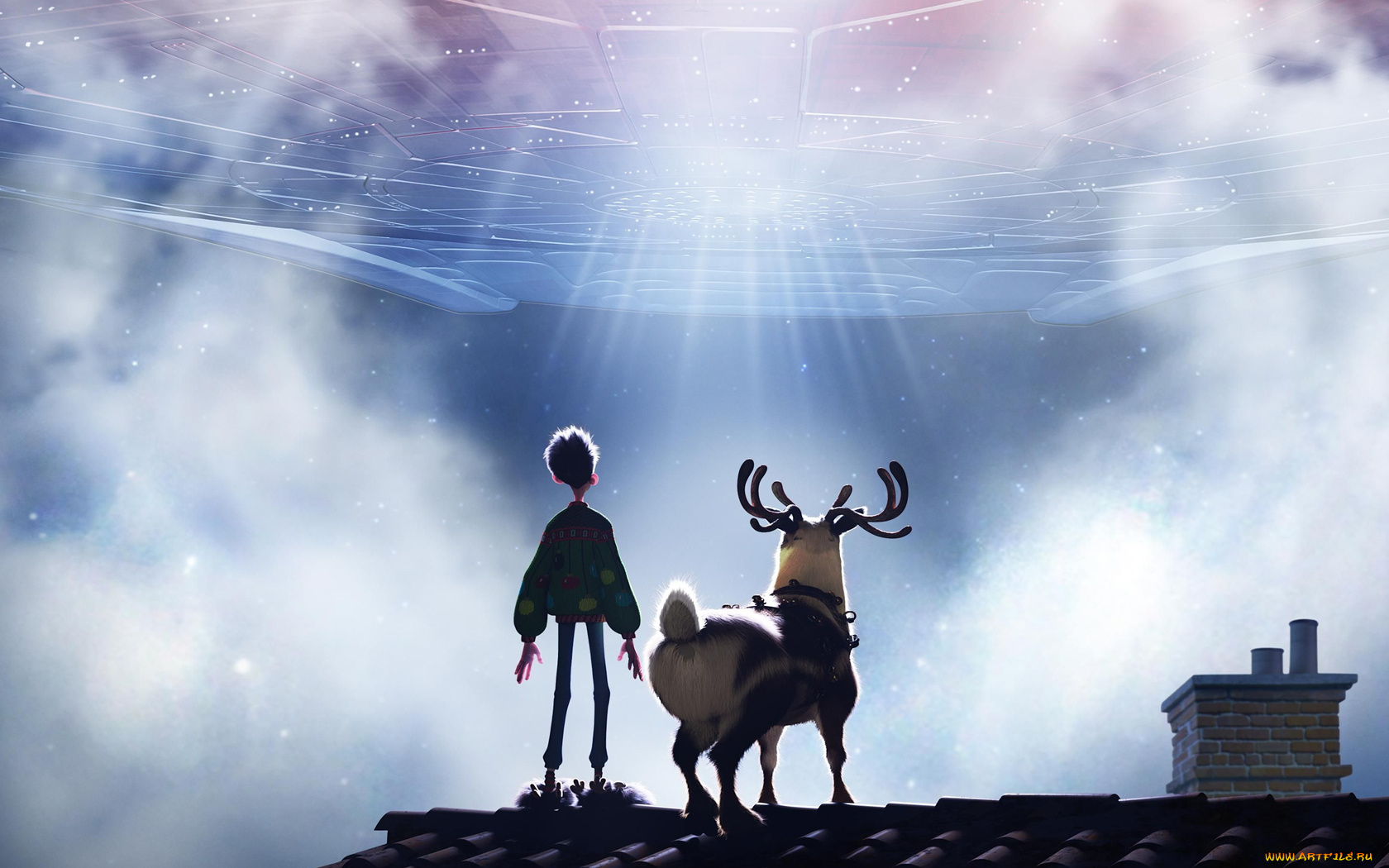секретная, служба, санта, клауса, мультфильмы, arthur, christmas, нло, корабль, крыша, дом, олень, мальчик, санта-клауса