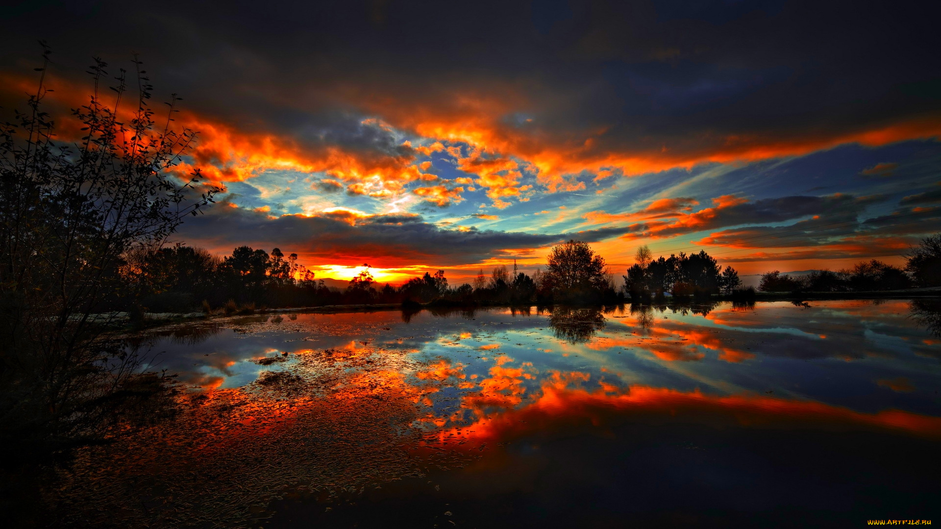 dramatic, sky, природа, реки, озера, сумрак, деревья, река