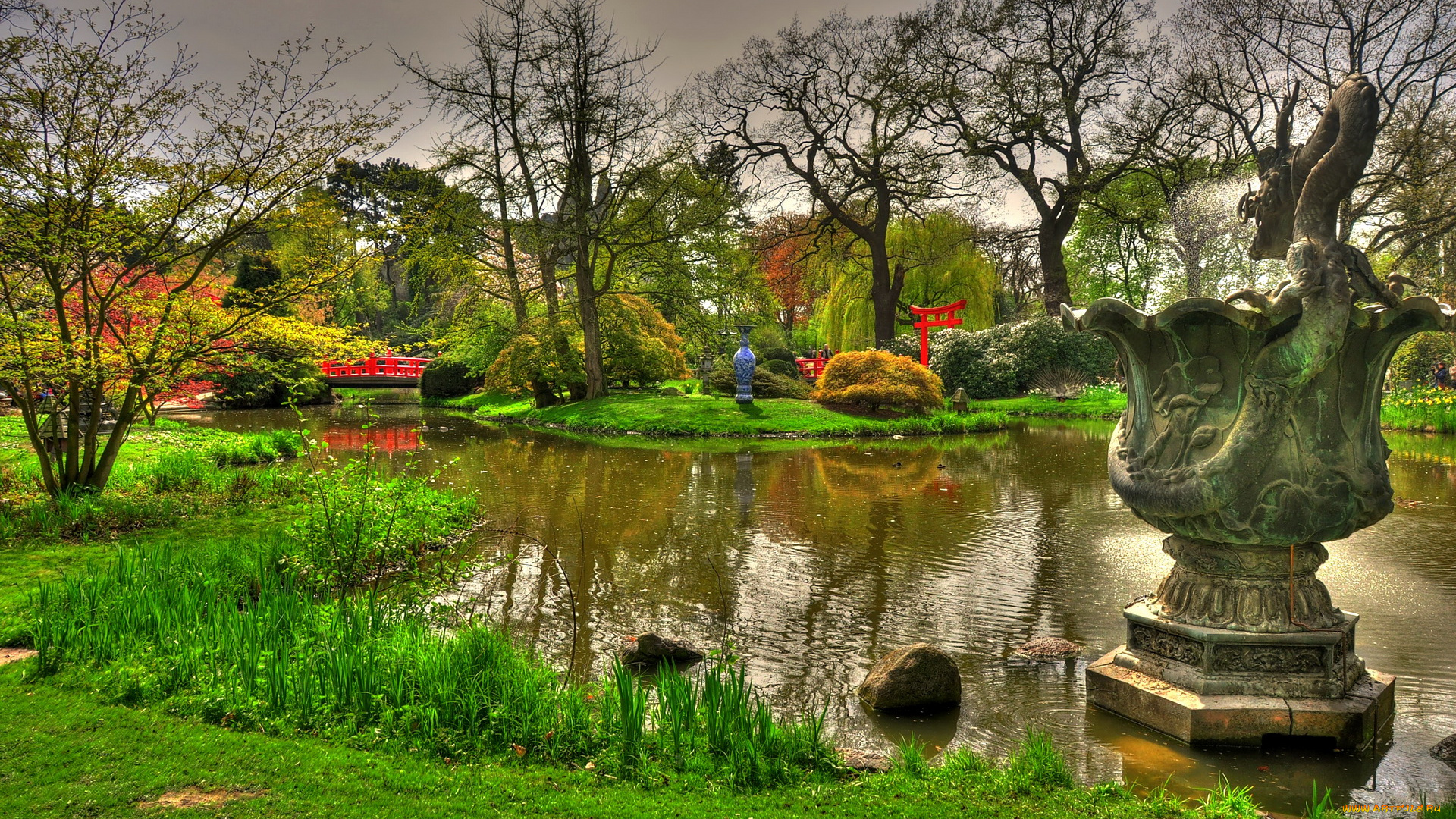 германия, гамбург, японский, сад, природа, парк, растения, пруд, мостик