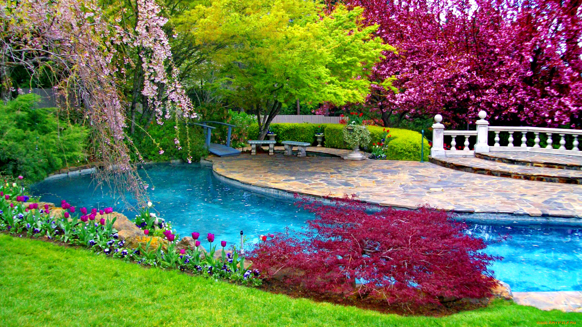 place, to, relax, природа, парк, краски, прудик, перила, деревья