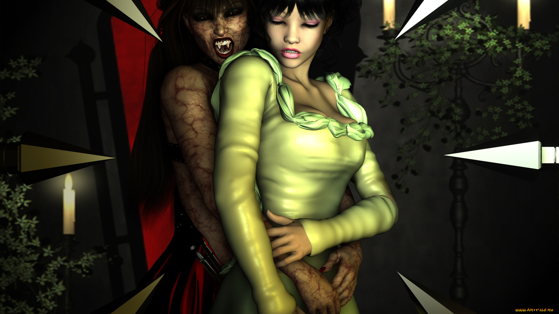 3д, графика, fantasy, фантазия, свечи, вампир, девушка