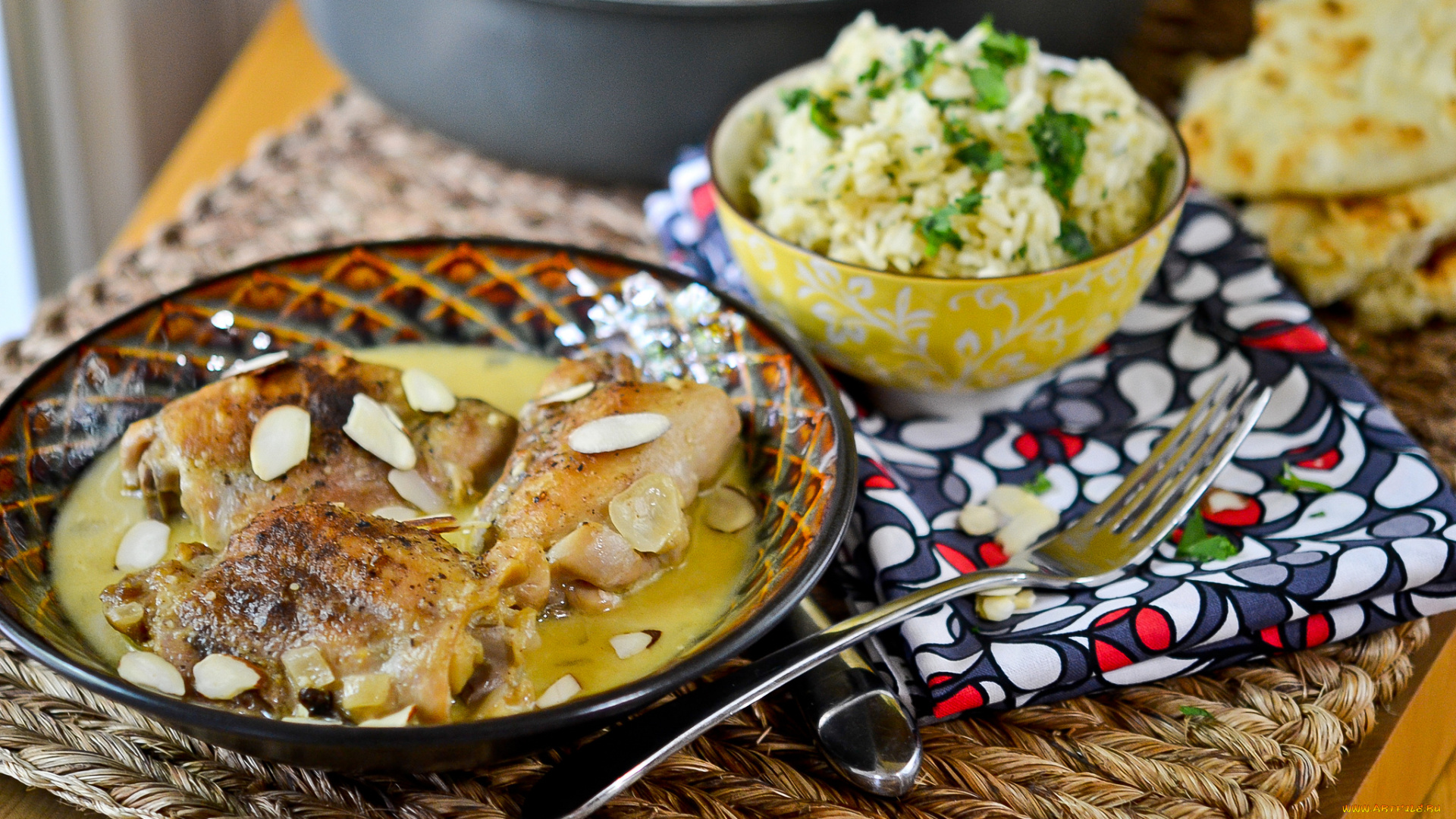 еда, мясные, блюда, вилка, курица, рис