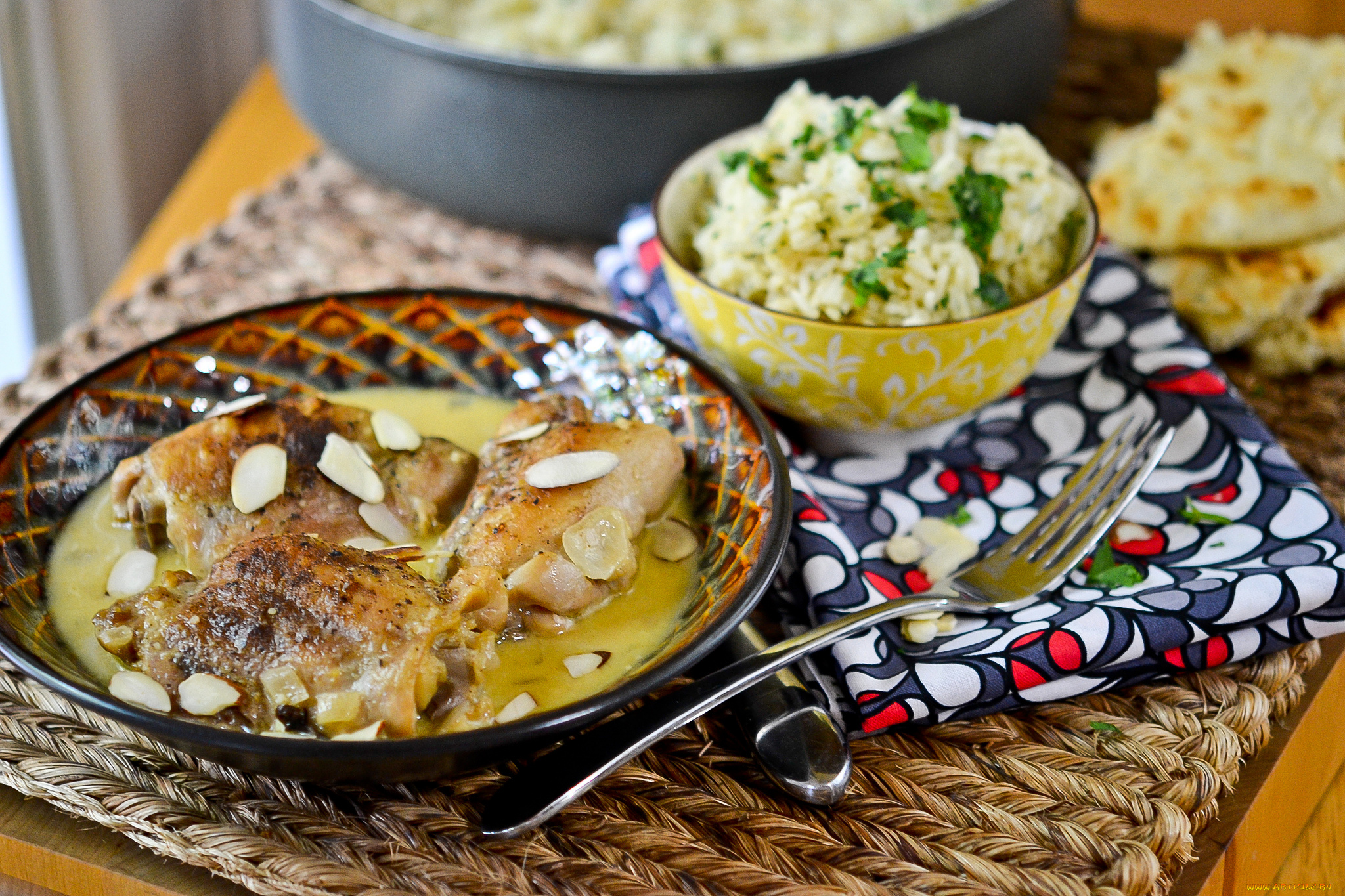 еда, мясные, блюда, вилка, курица, рис