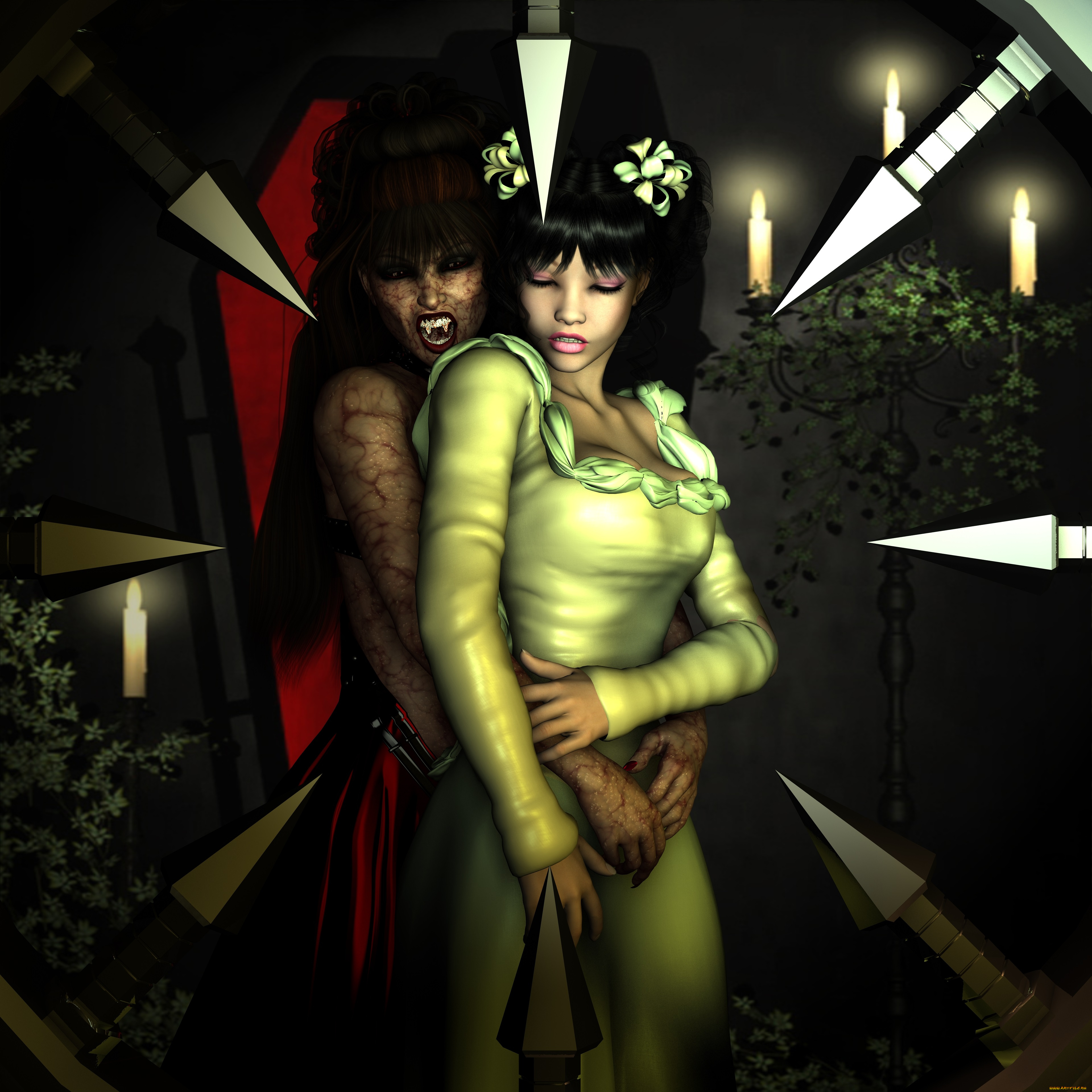 3д, графика, fantasy, фантазия, свечи, вампир, девушка