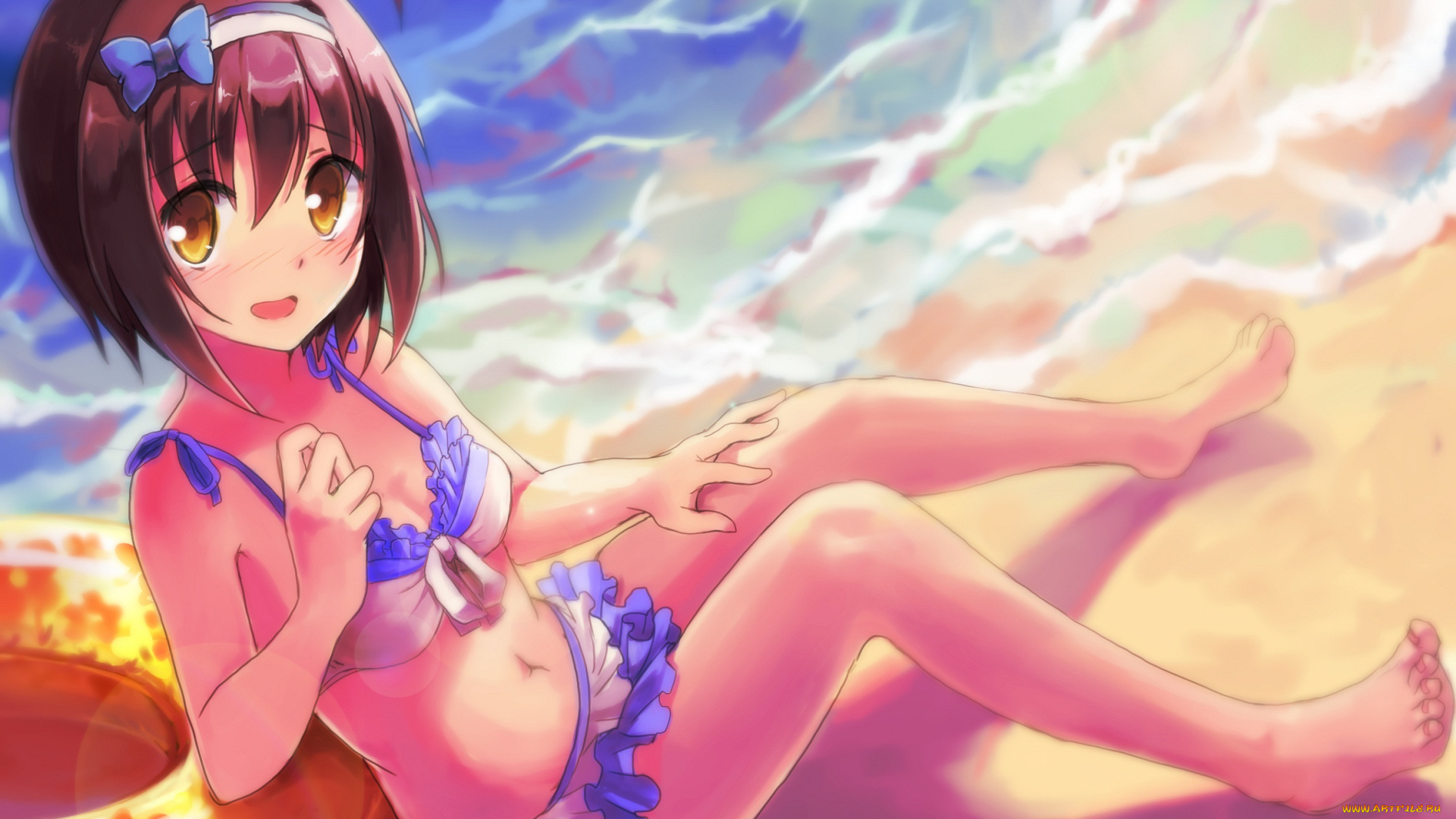 аниме, idolm@ster, взгляд, kohinata, miho, девушка, art, okemai, idolmaster, сидит, пляж, море, смущение